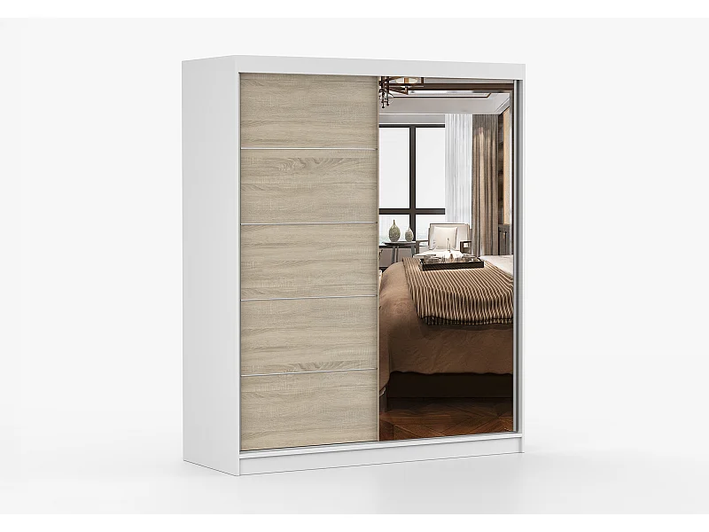 Armoire Ondine 160 cm avec miroir - Blanc - Chêne