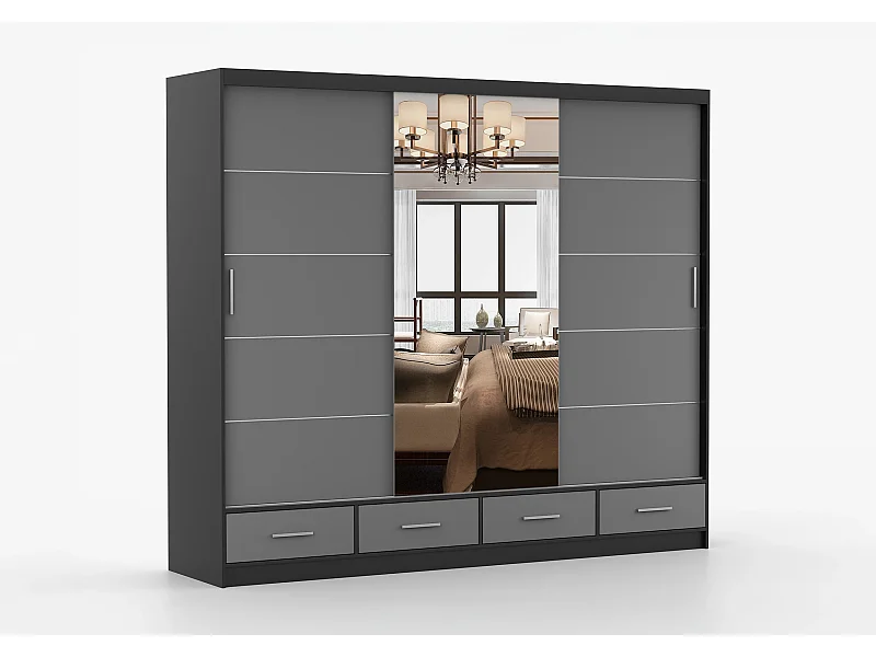 Armoire Silas 250 cm avec miroir - Noir - Gris