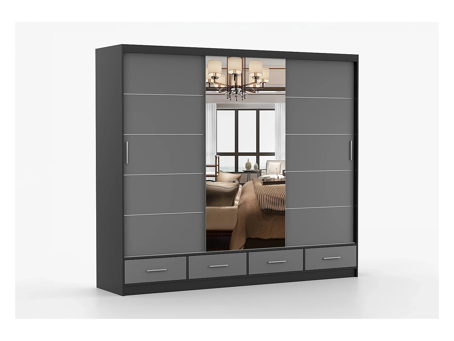 Armoire Silas 250 cm avec miroir - Noir - Gris