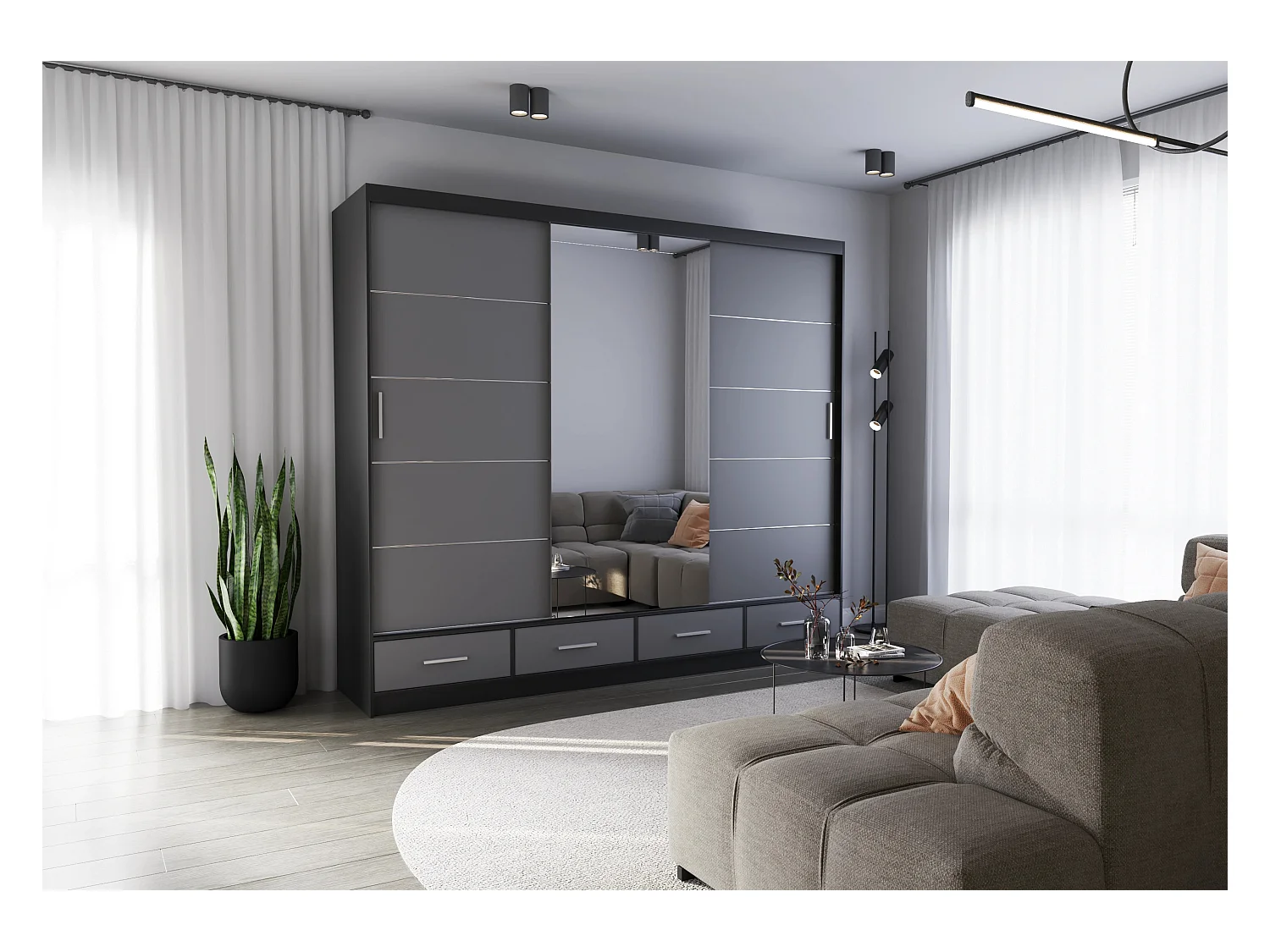 Armoire Silas 250 cm avec miroir - Noir - Gris