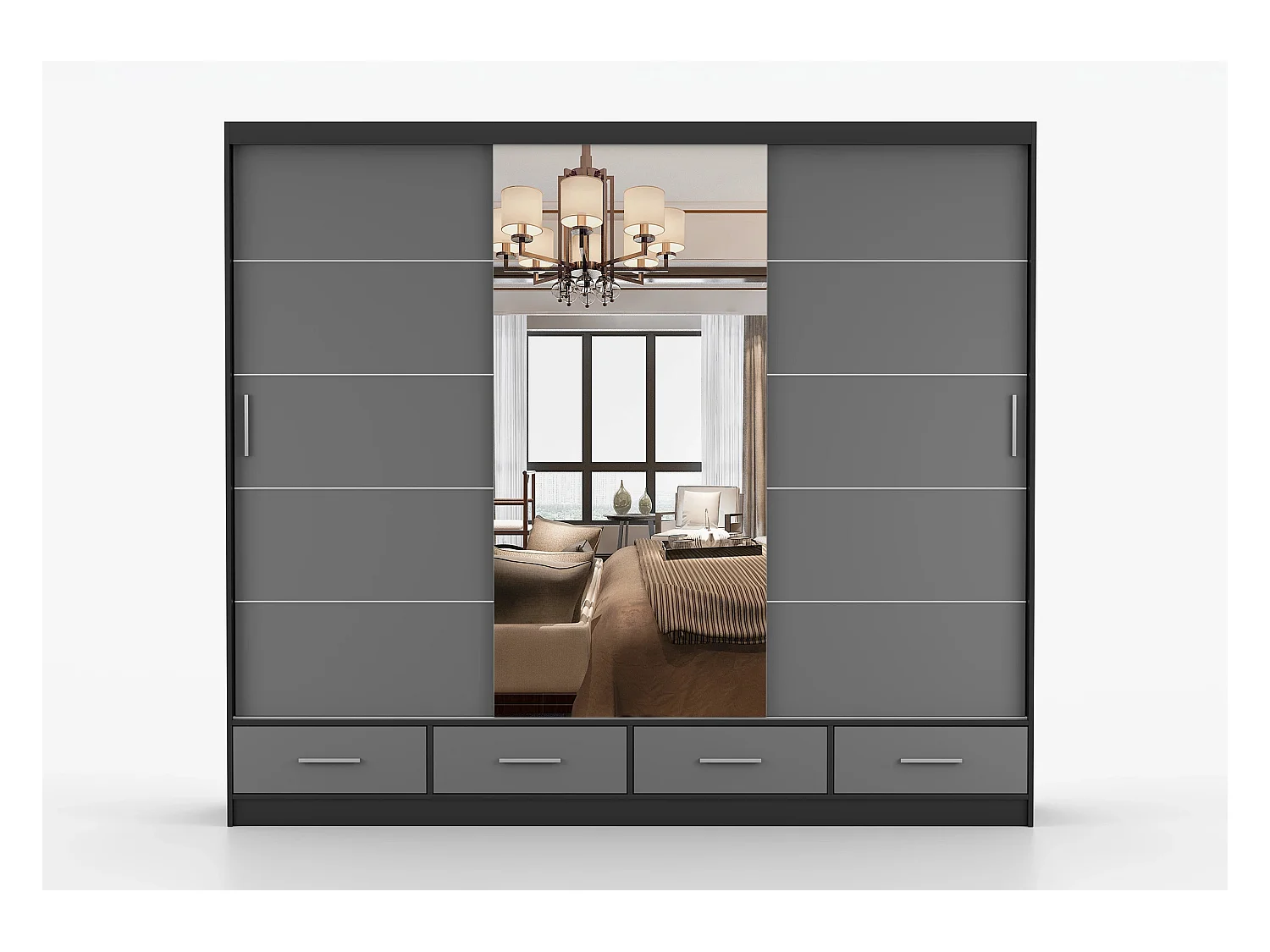 Armoire Silas 250 cm avec miroir - Noir - Gris