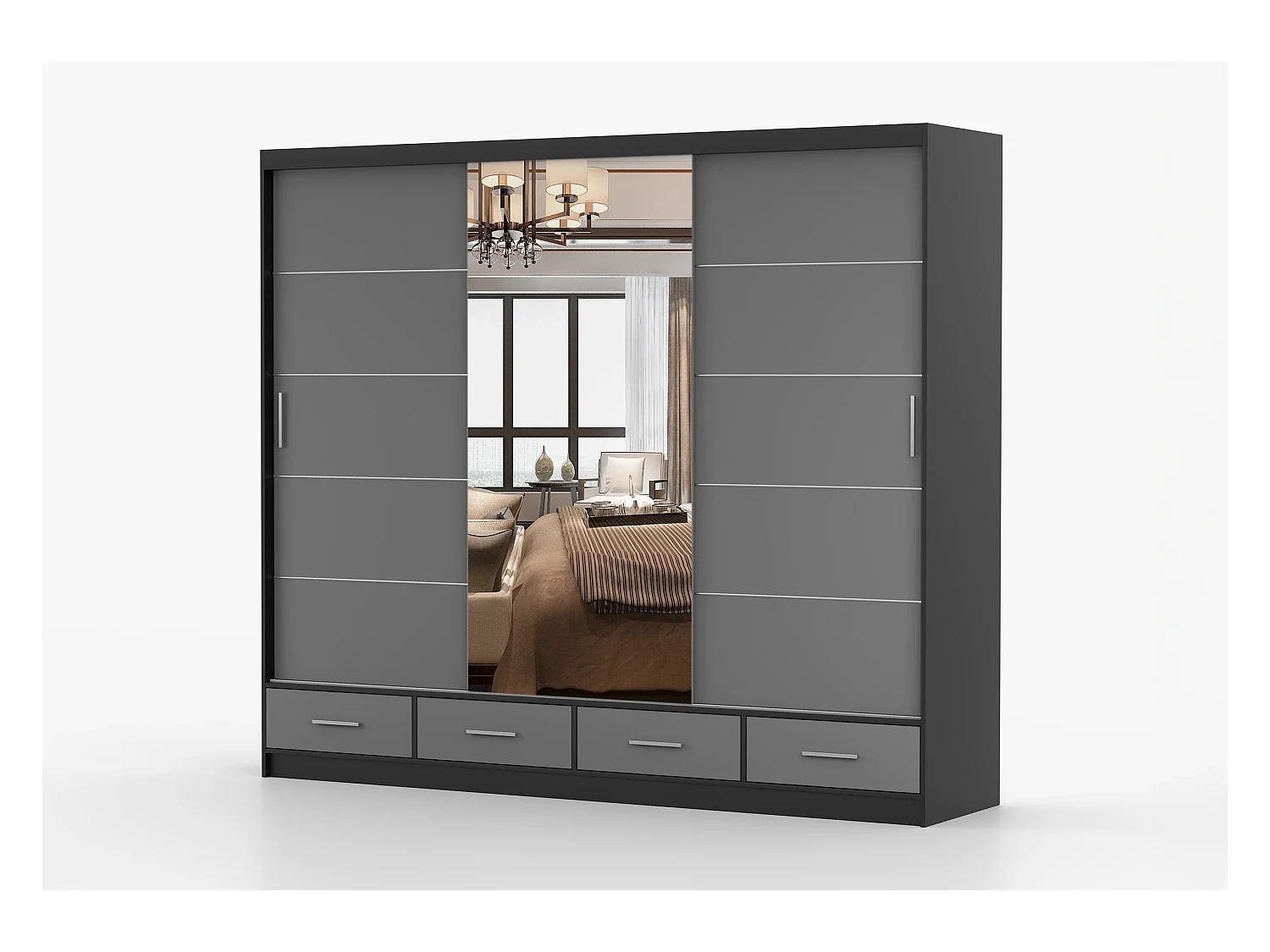 Armoire Silas 250 cm avec miroir - Noir - Gris