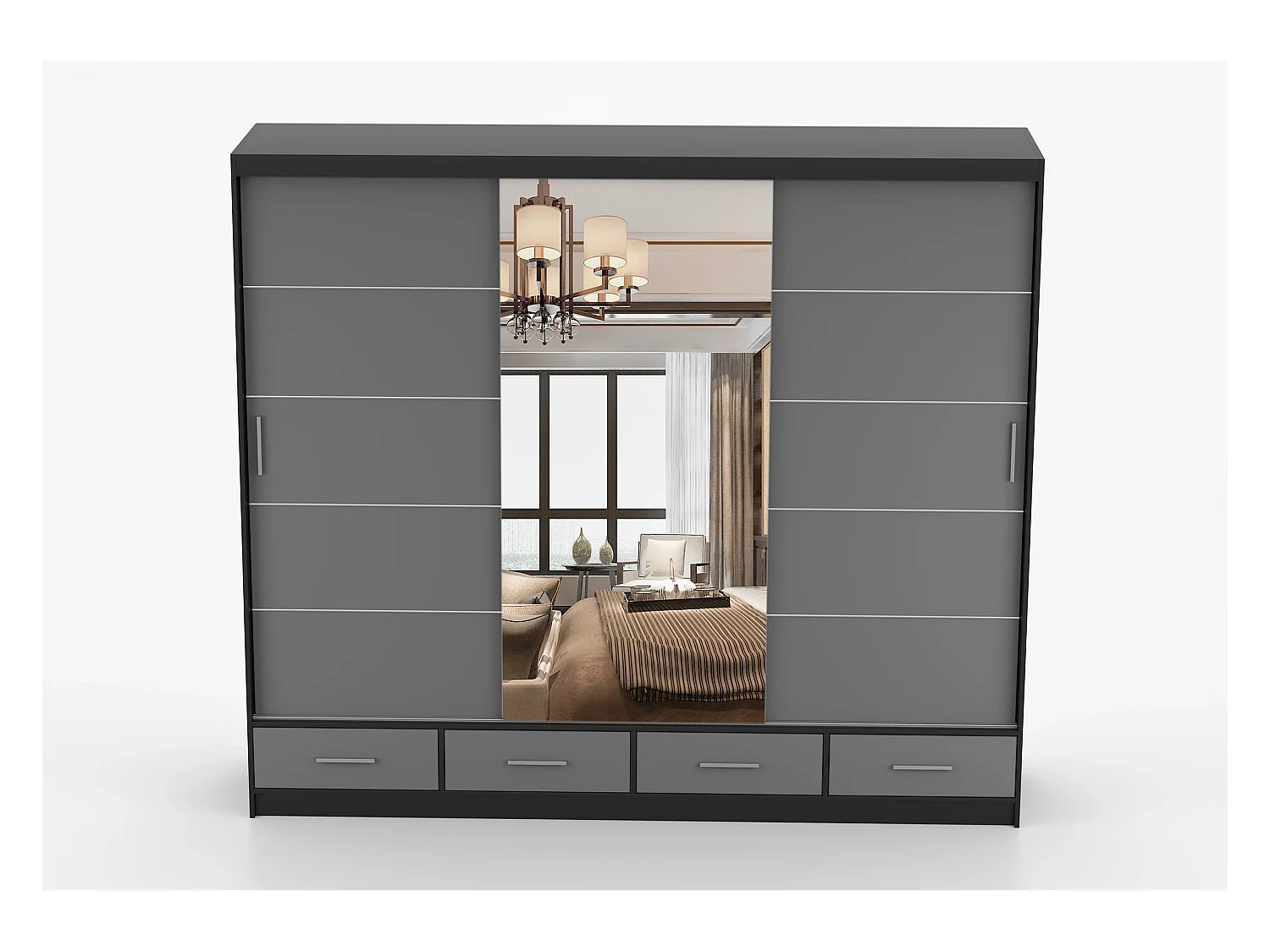 Armoire Silas 250 cm avec miroir - Noir - Gris