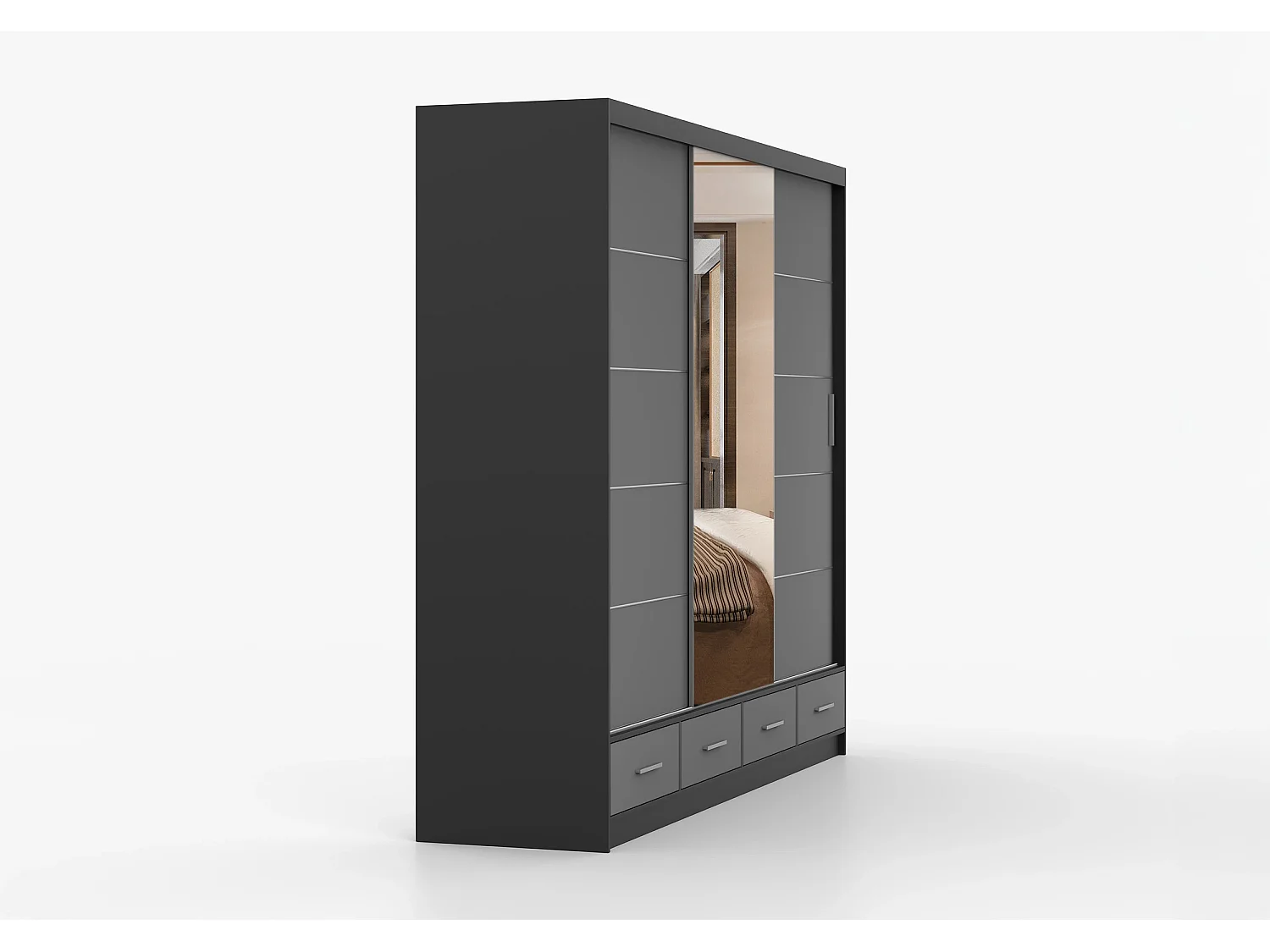 Armoire Silas 250 cm avec miroir - Noir - Gris