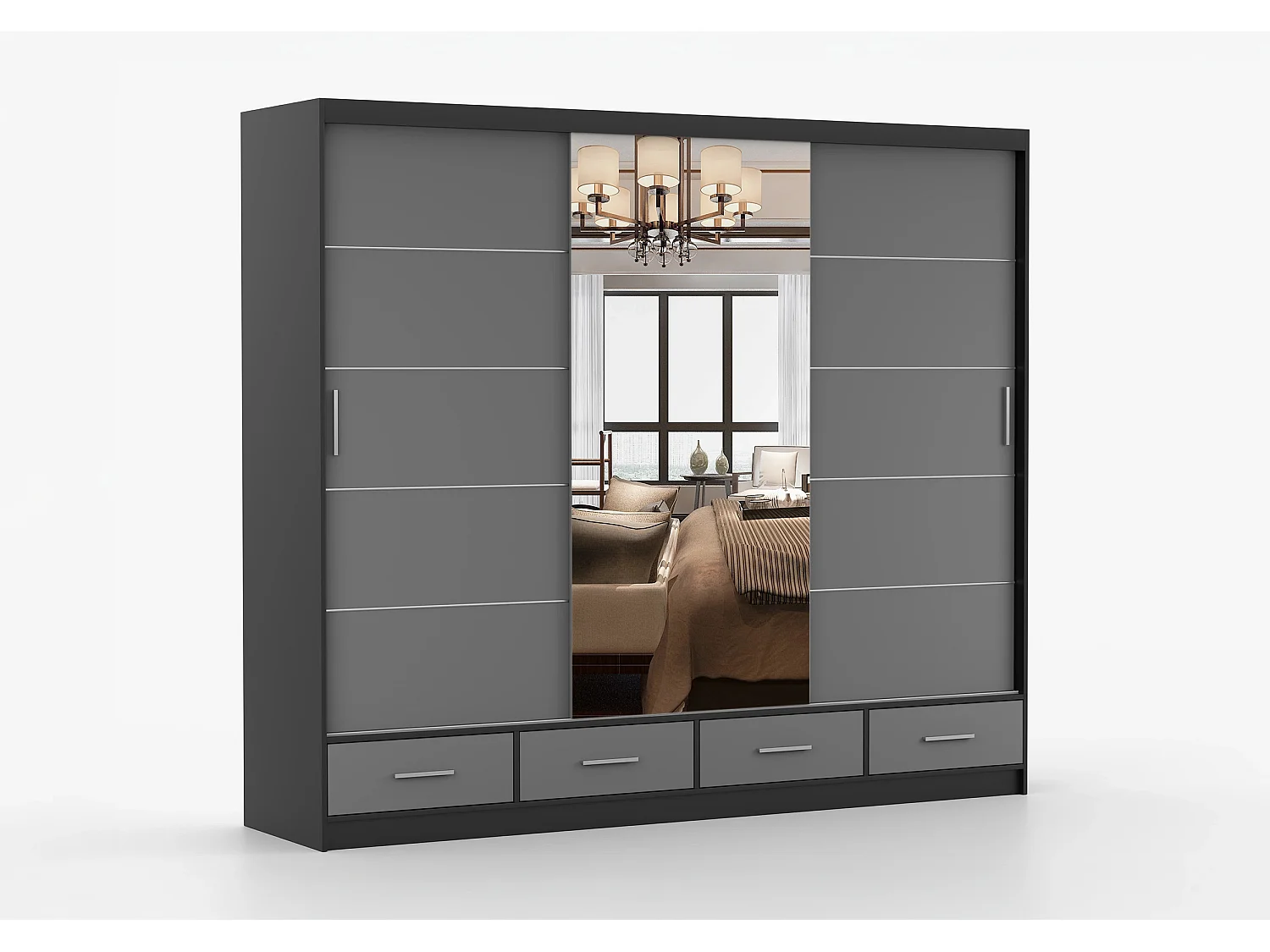 Armoire Silas 250 cm avec miroir - Noir - Gris