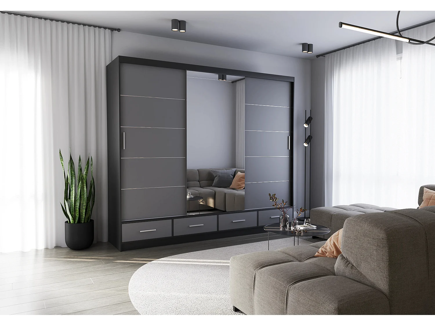 Armoire Silas 250 cm avec miroir - Noir - Gris