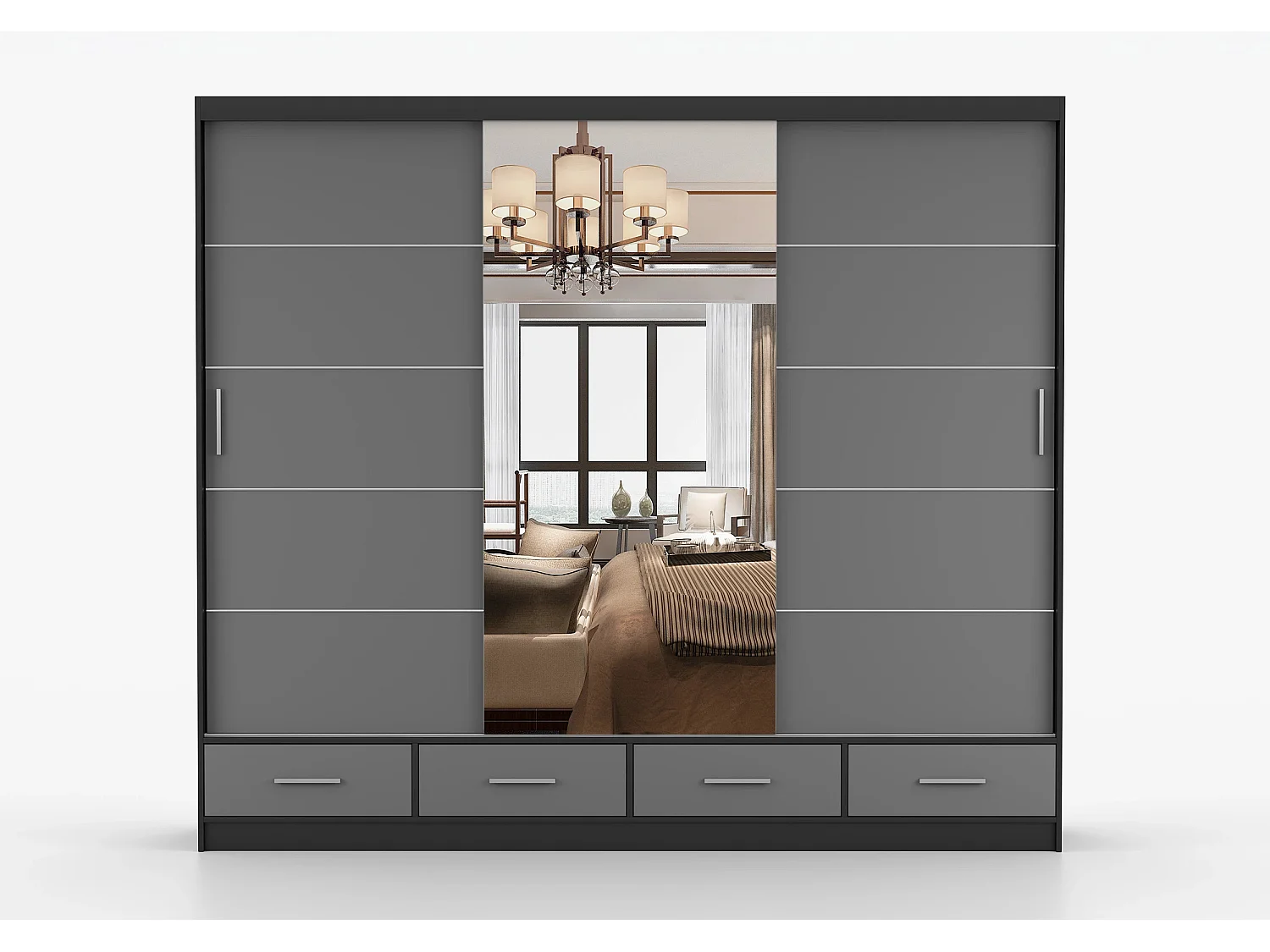 Armoire Silas 250 cm avec miroir - Noir - Gris