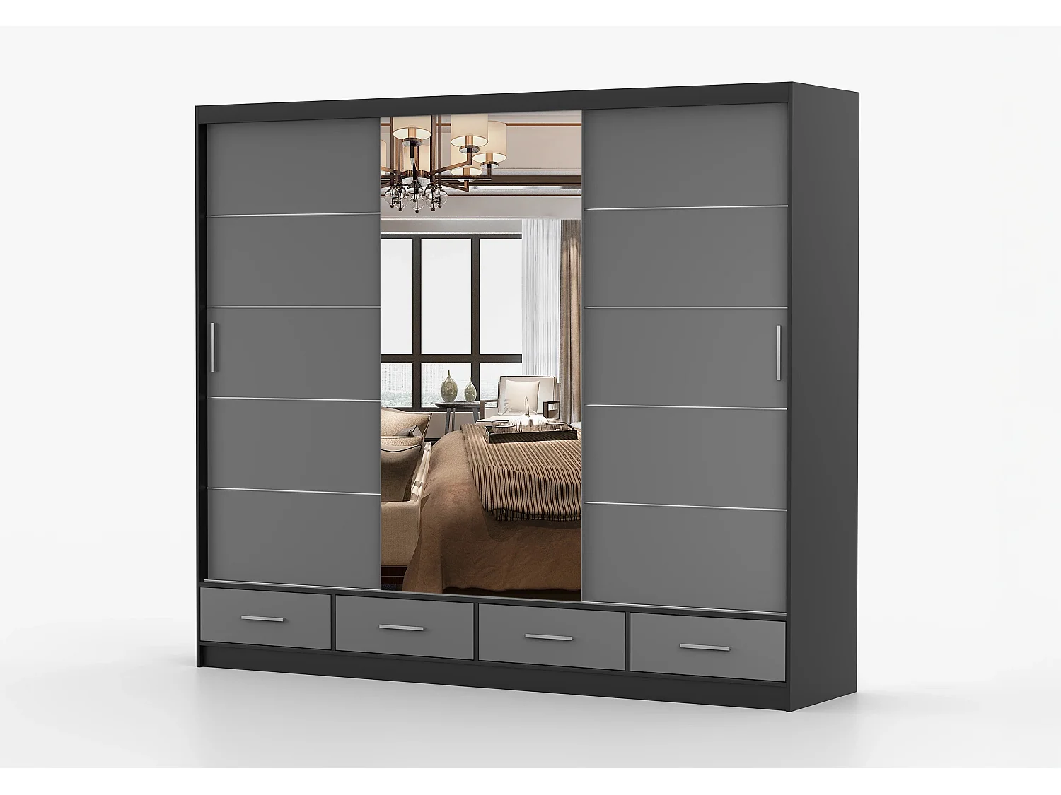 Armoire Silas 250 cm avec miroir - Noir - Gris