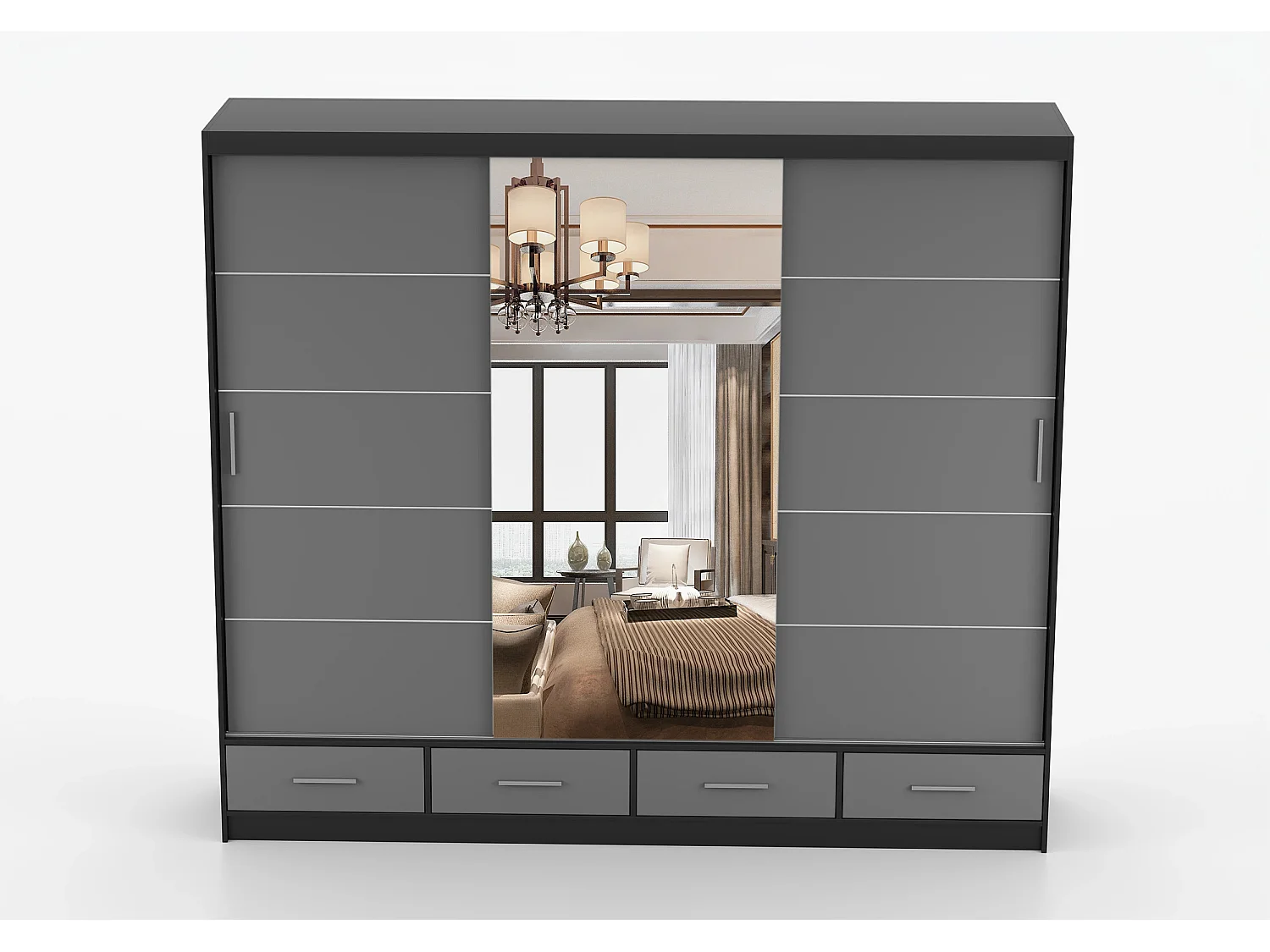 Armoire Silas 250 cm avec miroir - Noir - Gris