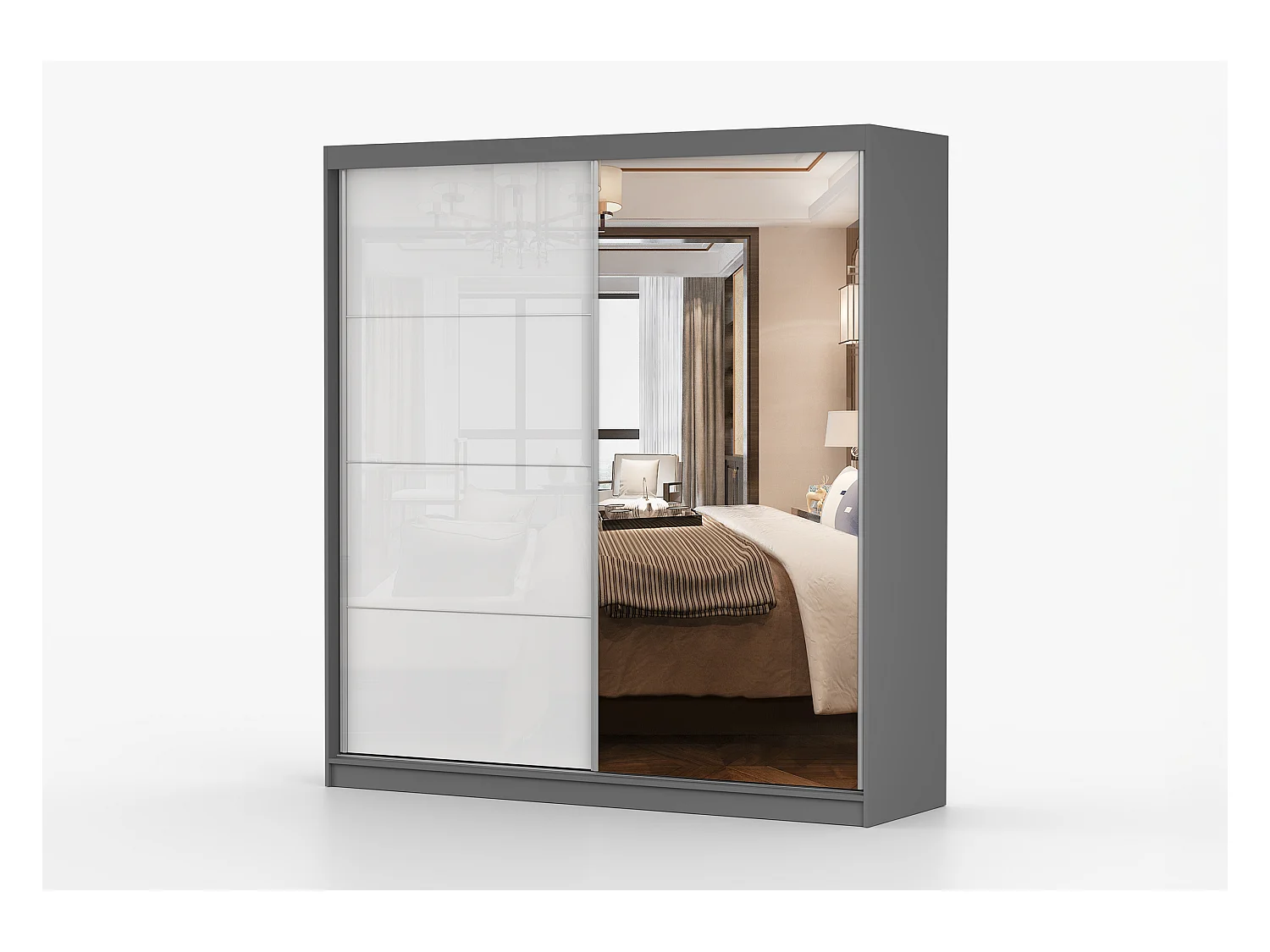 Armoire Daphnéa 233 cm avec miroir - Gris - Blanc