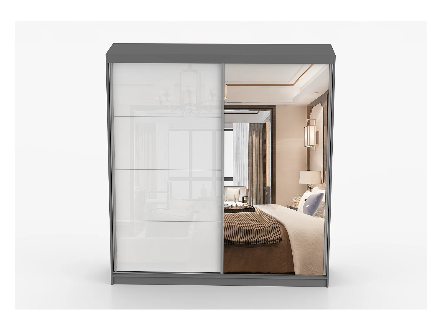 Armoire Daphnéa 233 cm avec miroir - Gris - Blanc