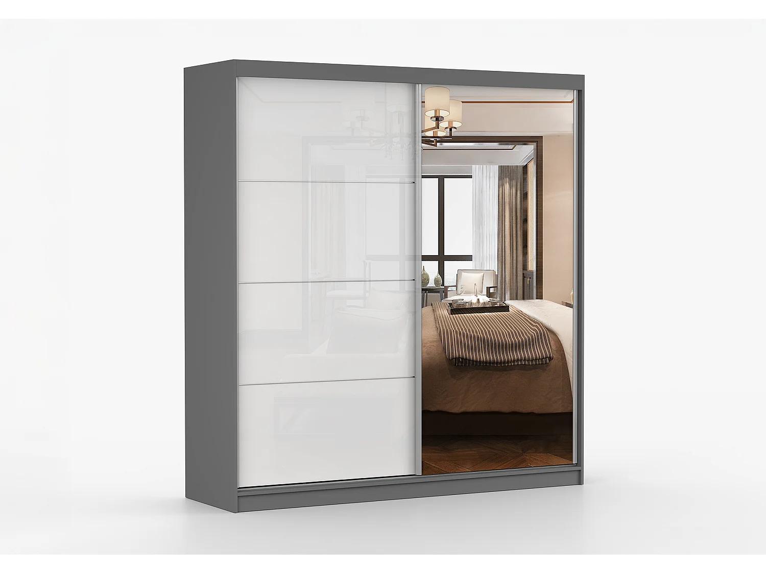Armoire Daphnéa 233 cm avec miroir - Gris - Blanc