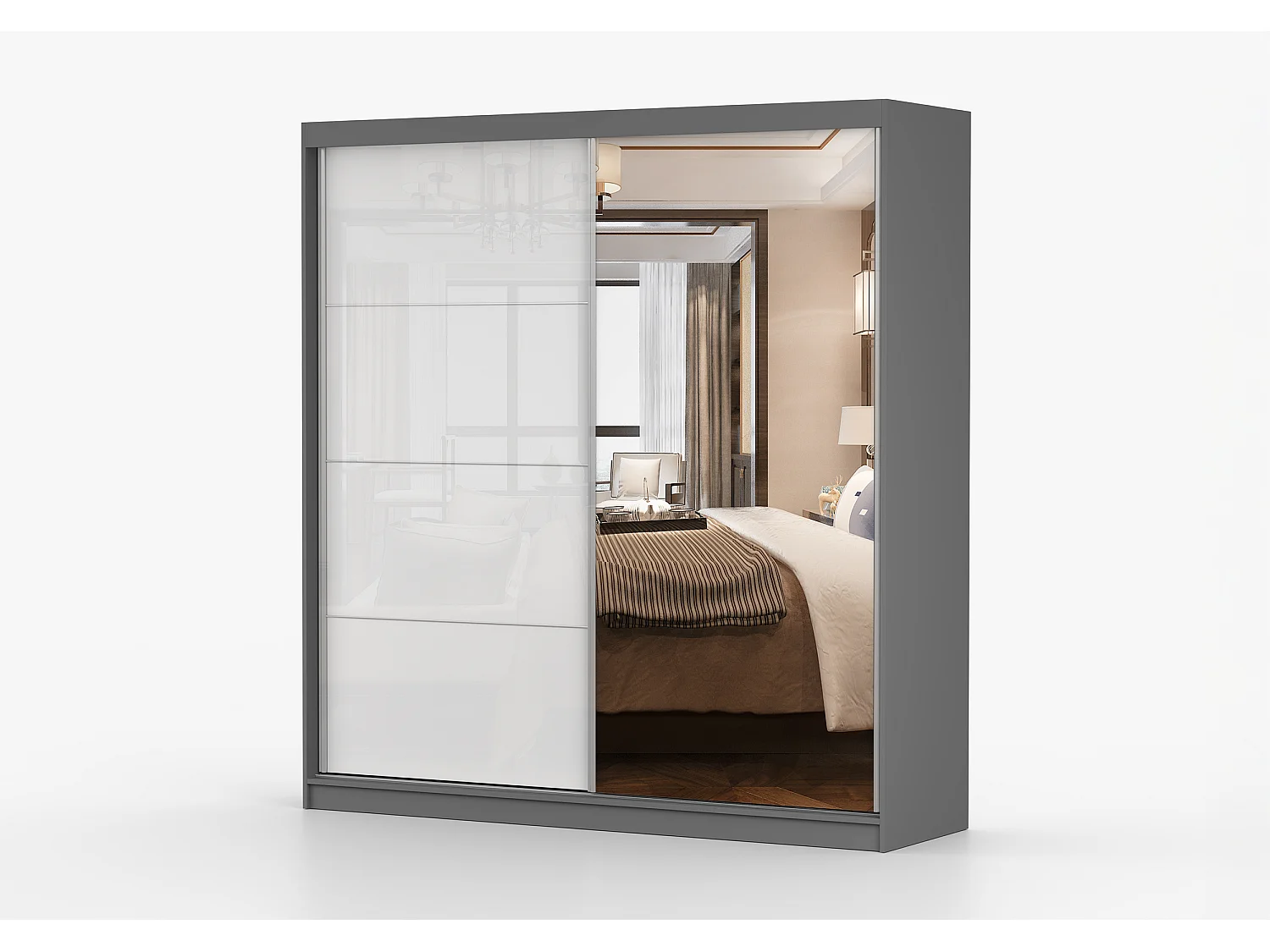 Armoire Daphnéa 233 cm avec miroir - Gris - Blanc