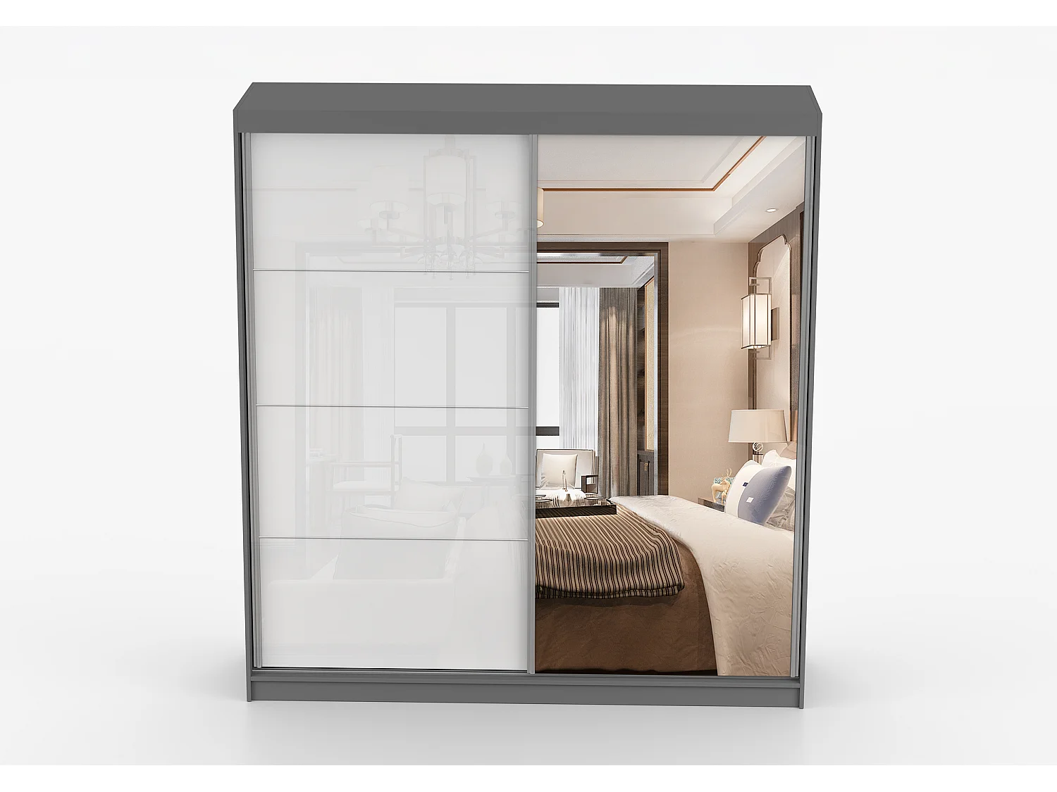 Armoire Daphnéa 233 cm avec miroir - Gris - Blanc