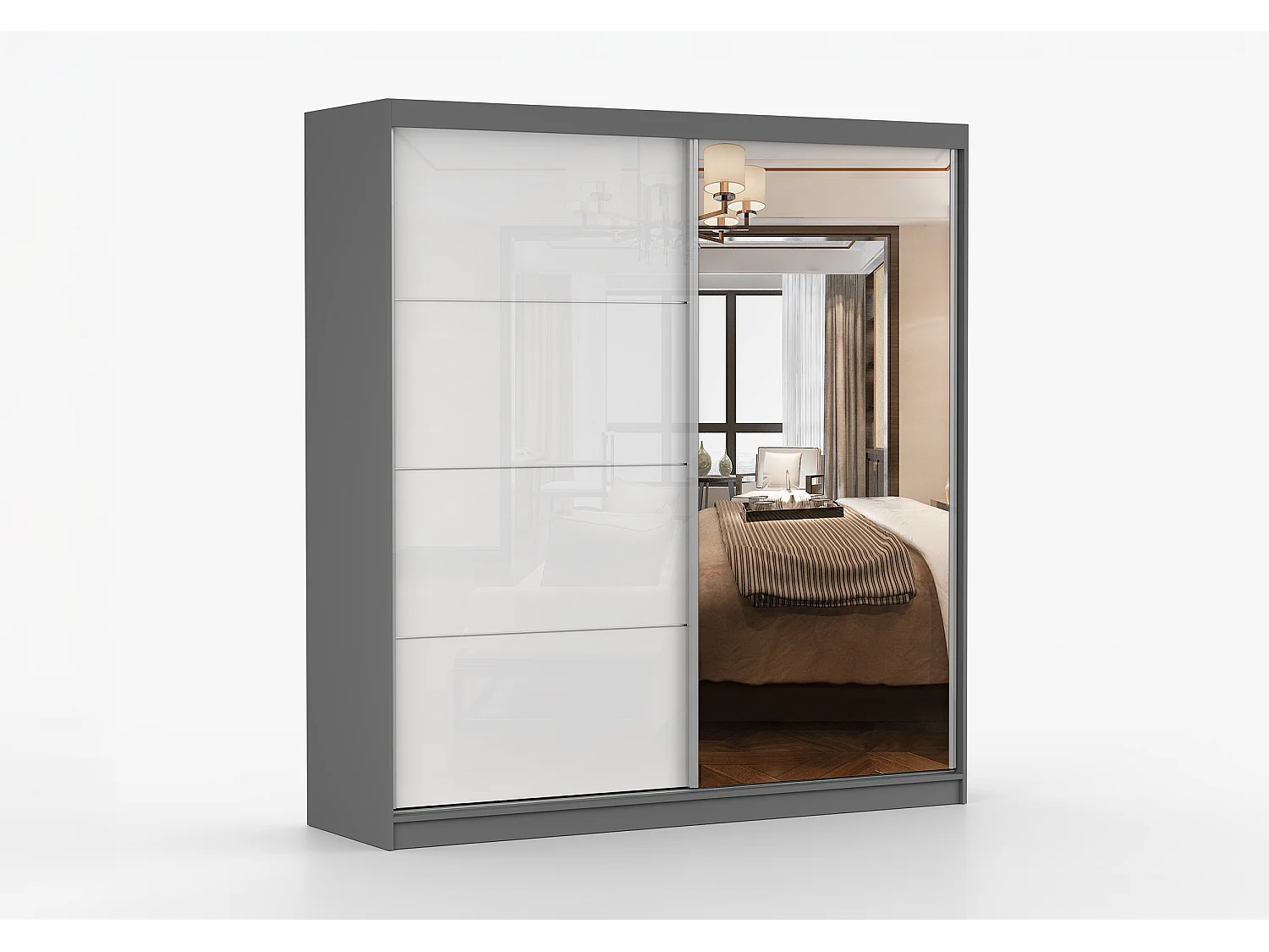 Armoire Daphnéa 233 cm avec miroir - Gris - Blanc