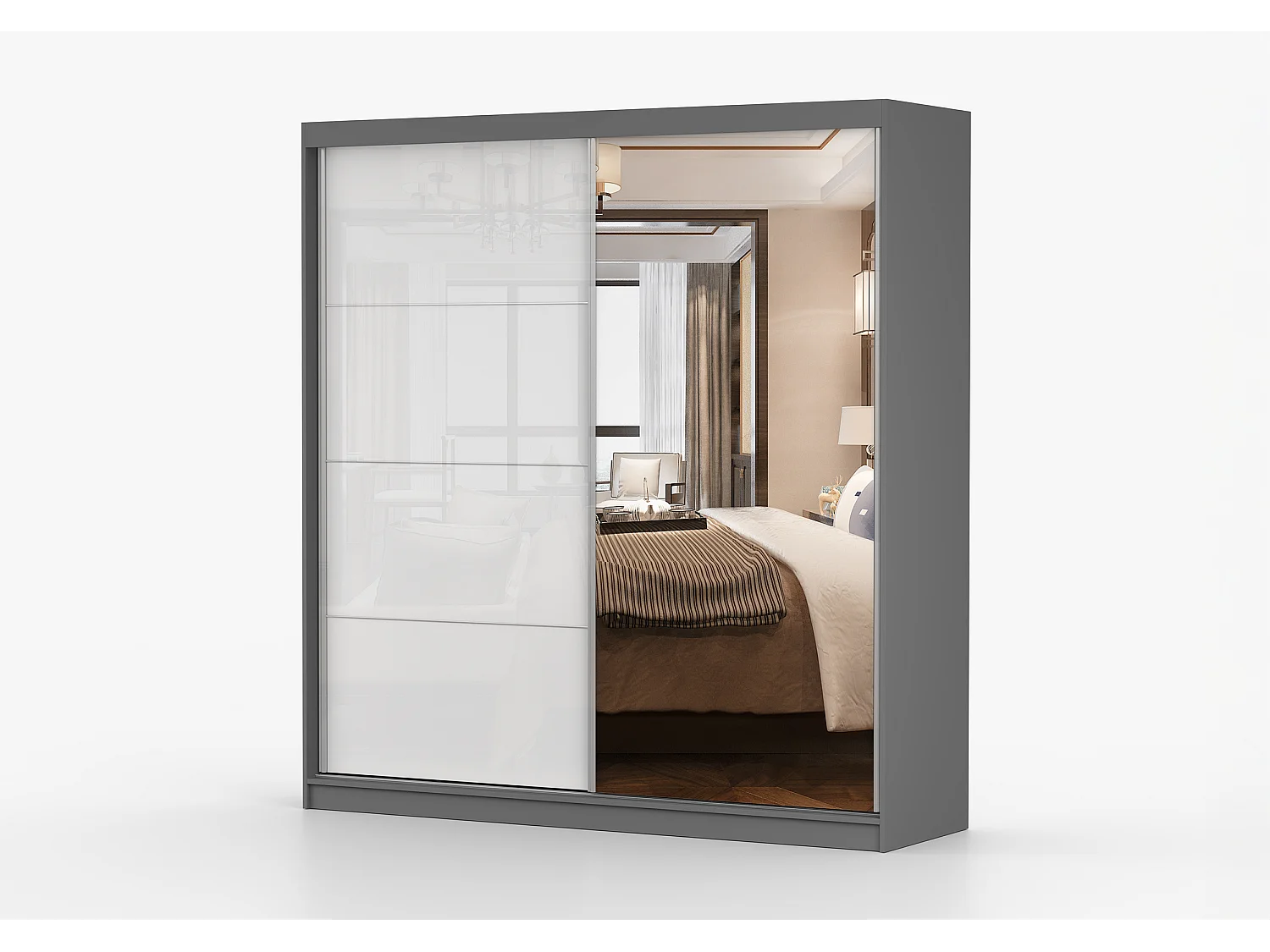 Armoire Daphnéa 233 cm avec miroir - Gris - Blanc
