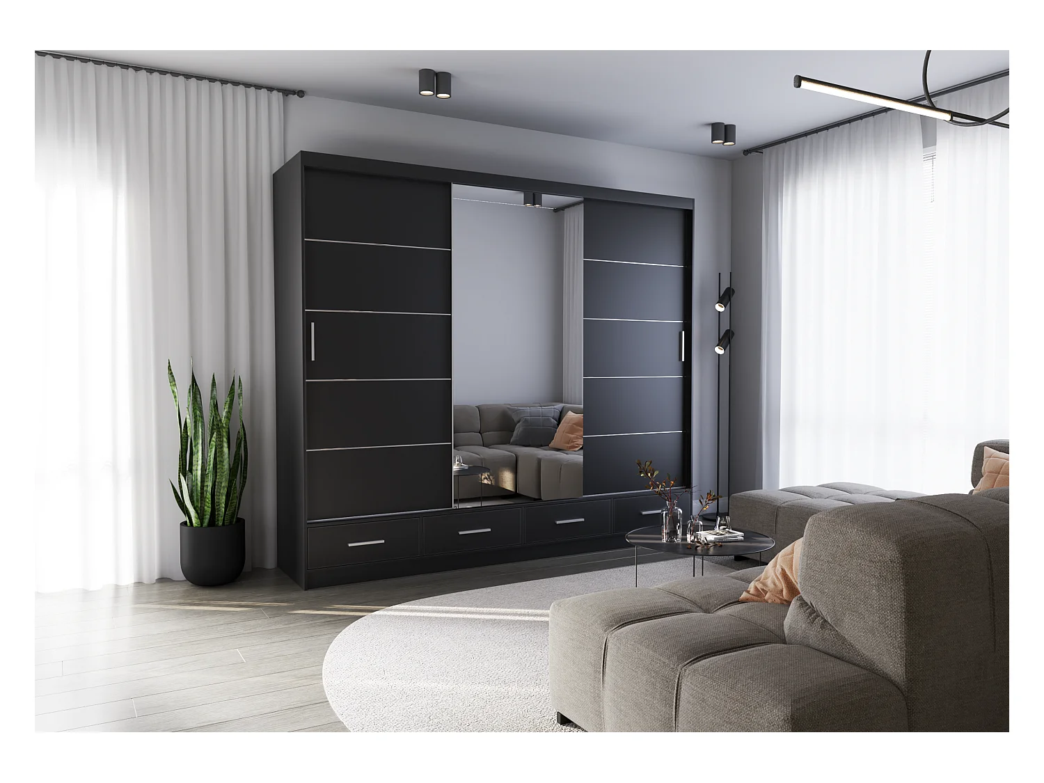 Armoire Silas 250 cm avec miroir - Noir
