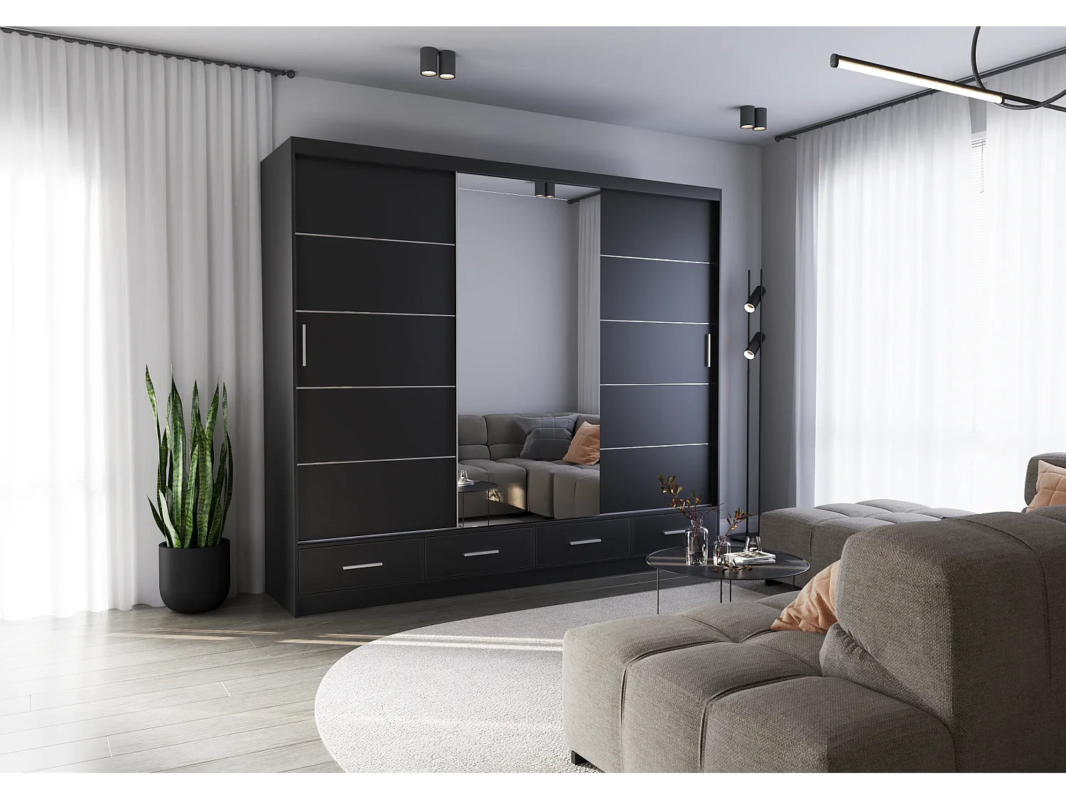 Armoire Silas 250 cm avec miroir - Noir