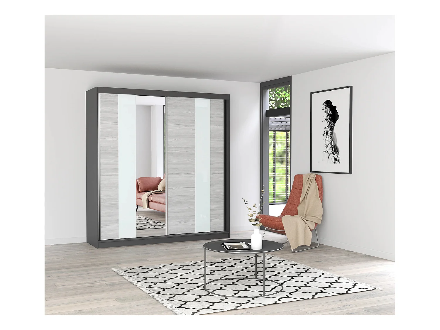 Armoire Évania 203 cm avec miroir - Gris - Kathult