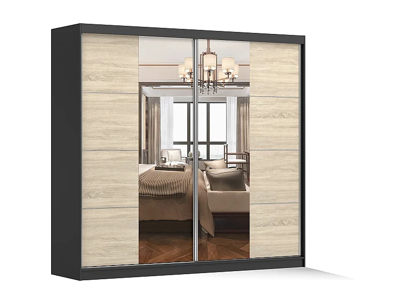 Armoire Violeta 233 cm avec miroir - Noir - Chêne