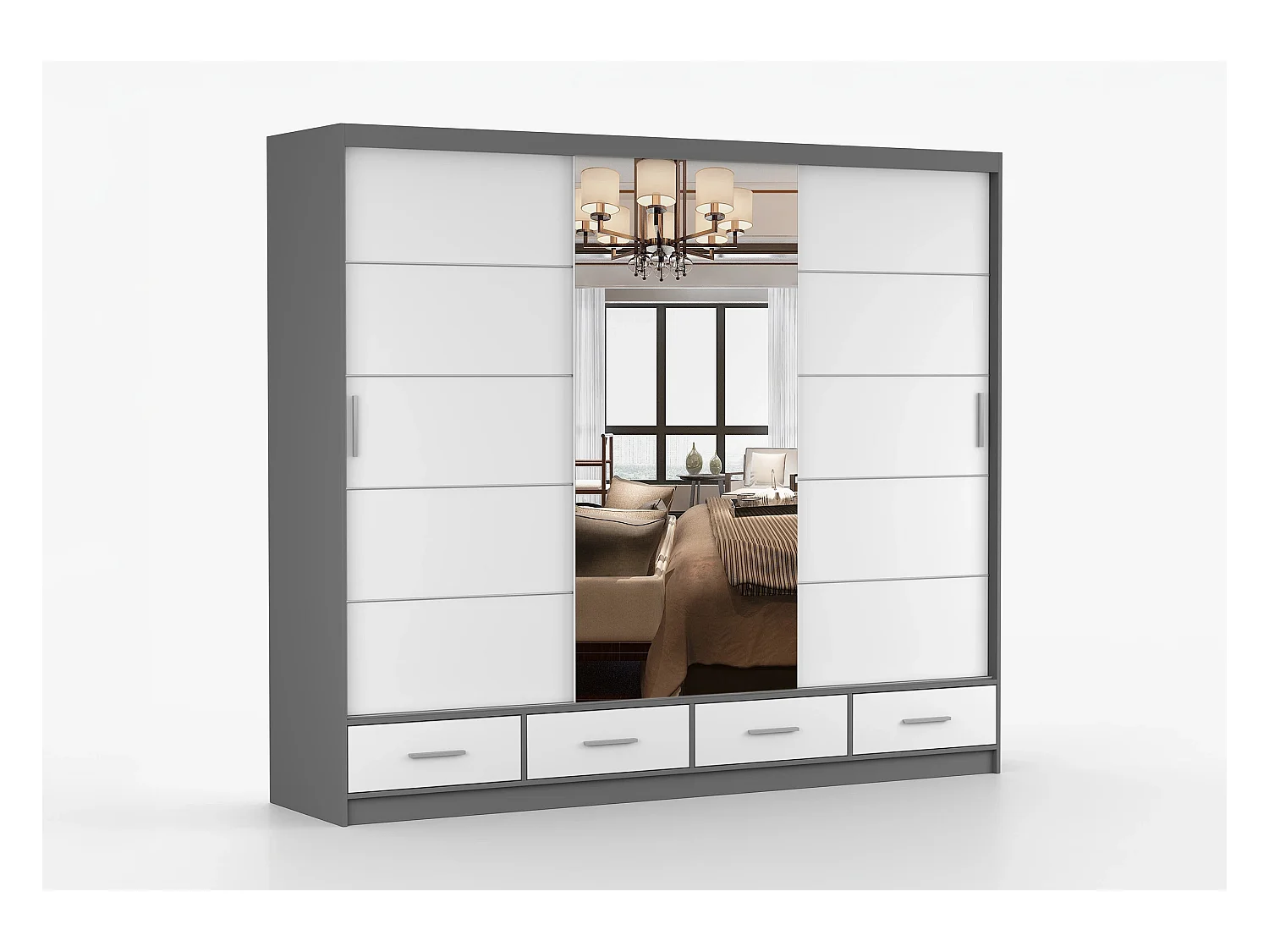 Armoire Silas 250 cm avec miroir - Gris - Blanc