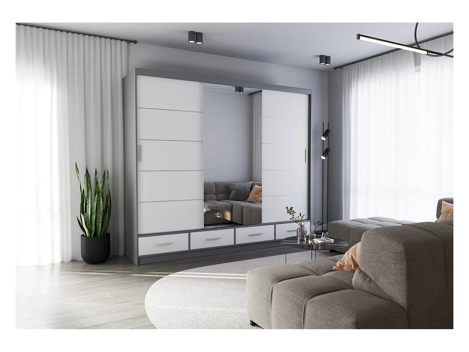 Armoire Silas 250 cm avec miroir - Gris - Blanc