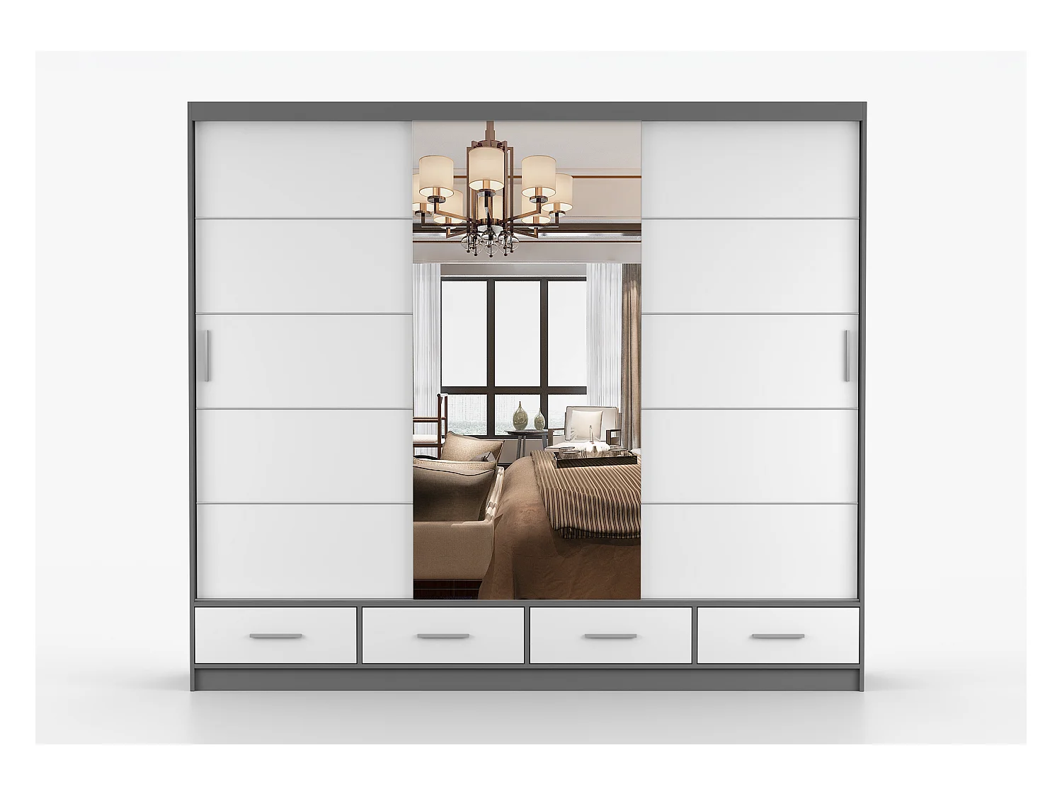 Armoire Silas 250 cm avec miroir - Gris - Blanc