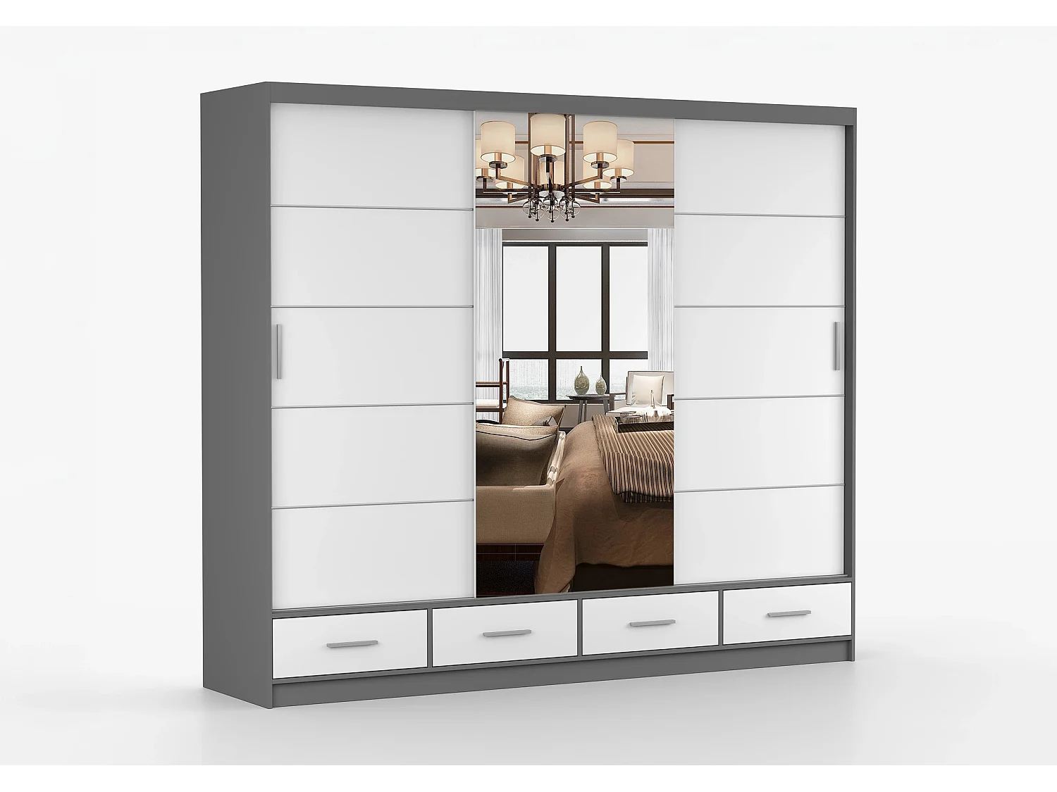 Armoire Silas 250 cm avec miroir - Gris - Blanc