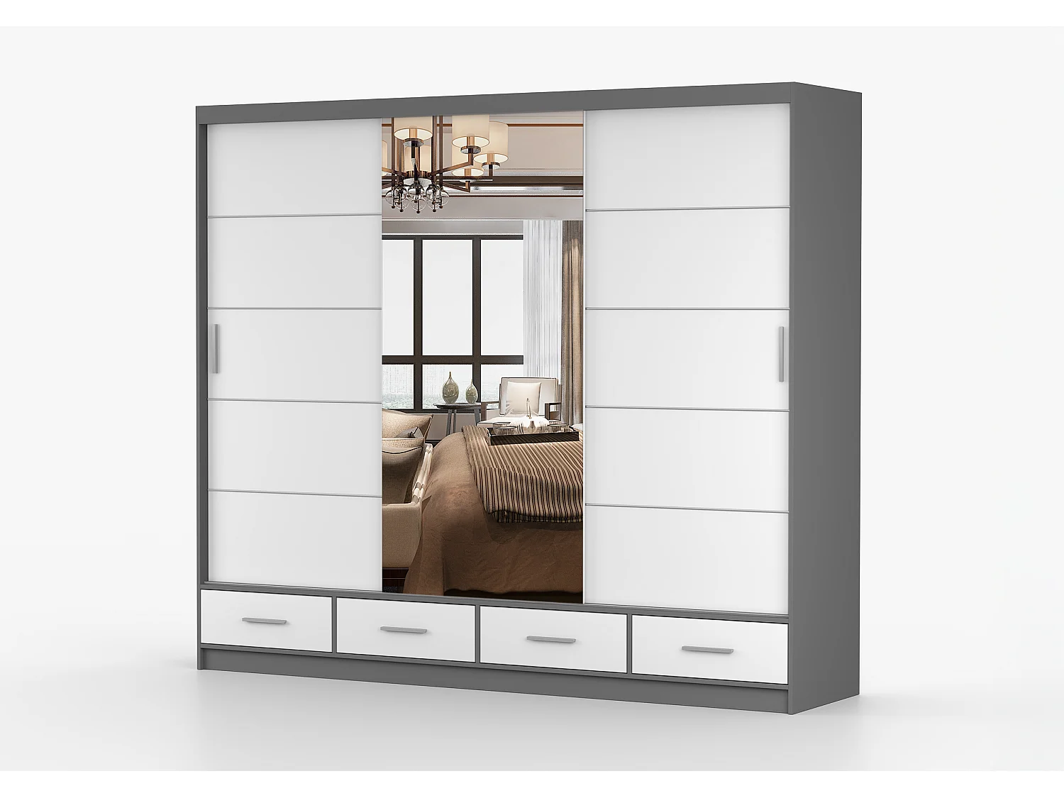 Armoire Silas 250 cm avec miroir - Gris - Blanc