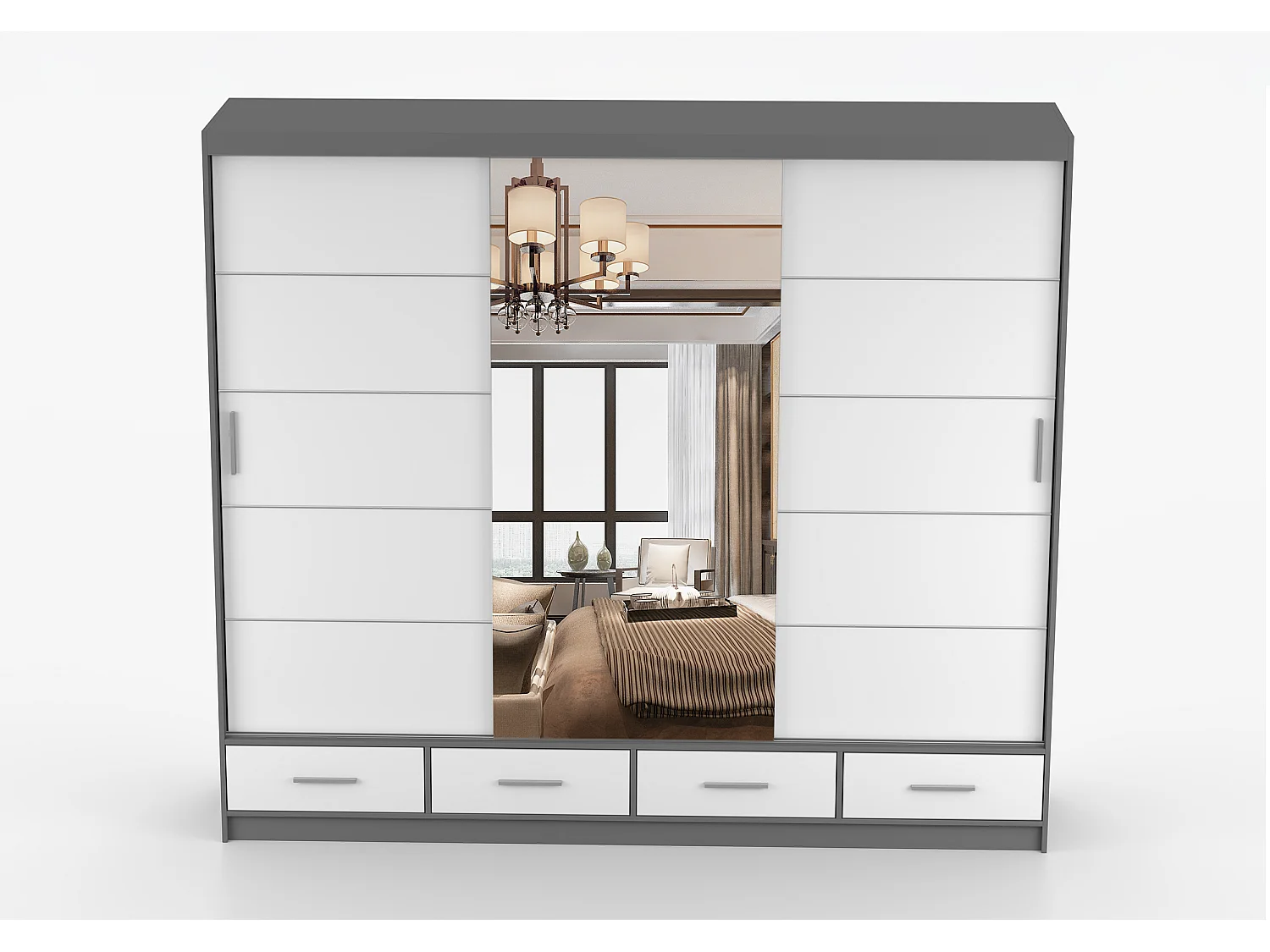 Armoire Silas 250 cm avec miroir - Gris - Blanc