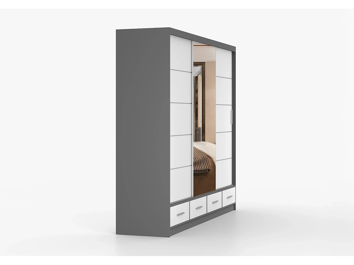Armoire Silas 250 cm avec miroir - Gris - Blanc
