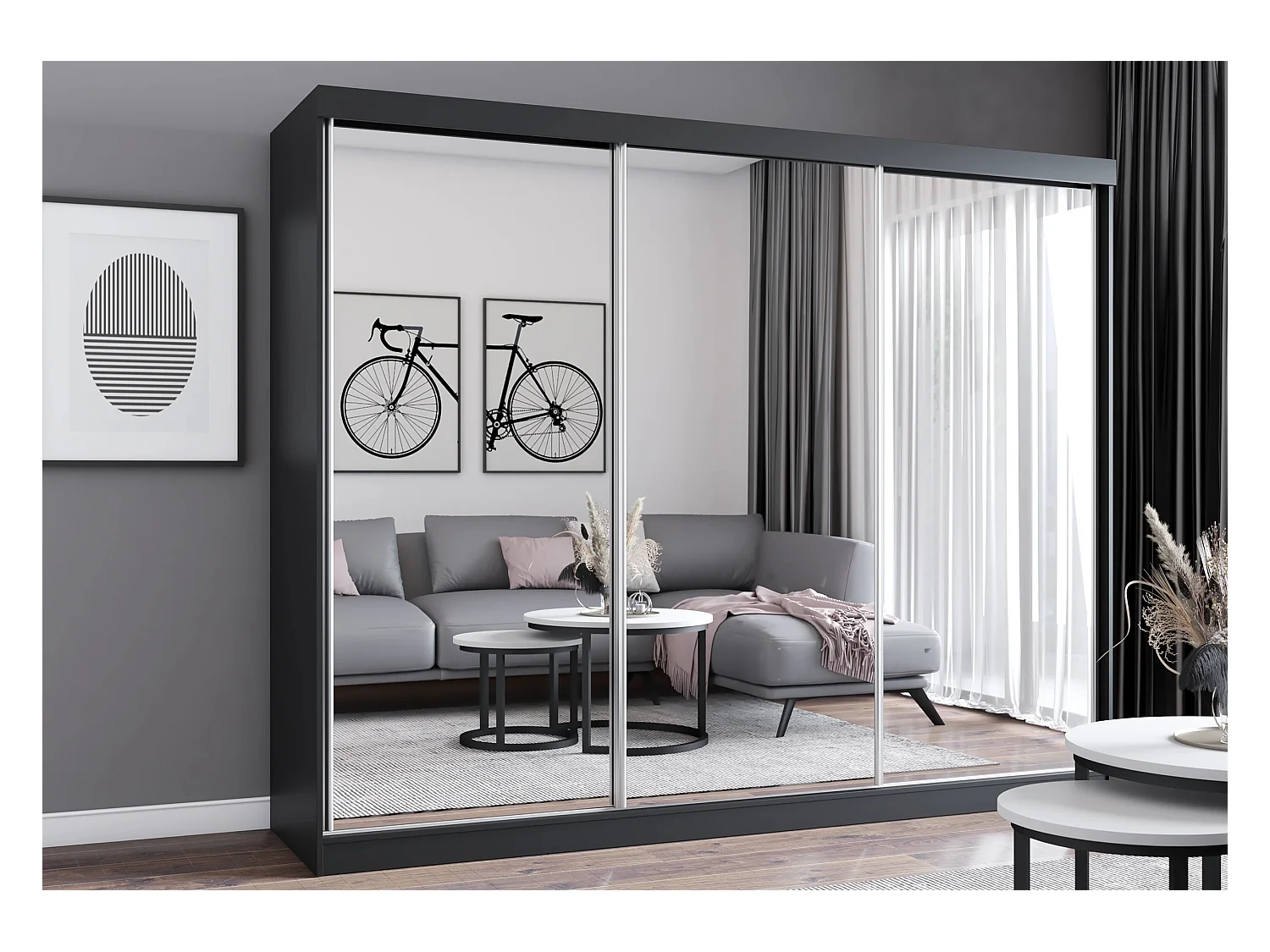 Armoire Milanor 250 cm avec miroir - Noir