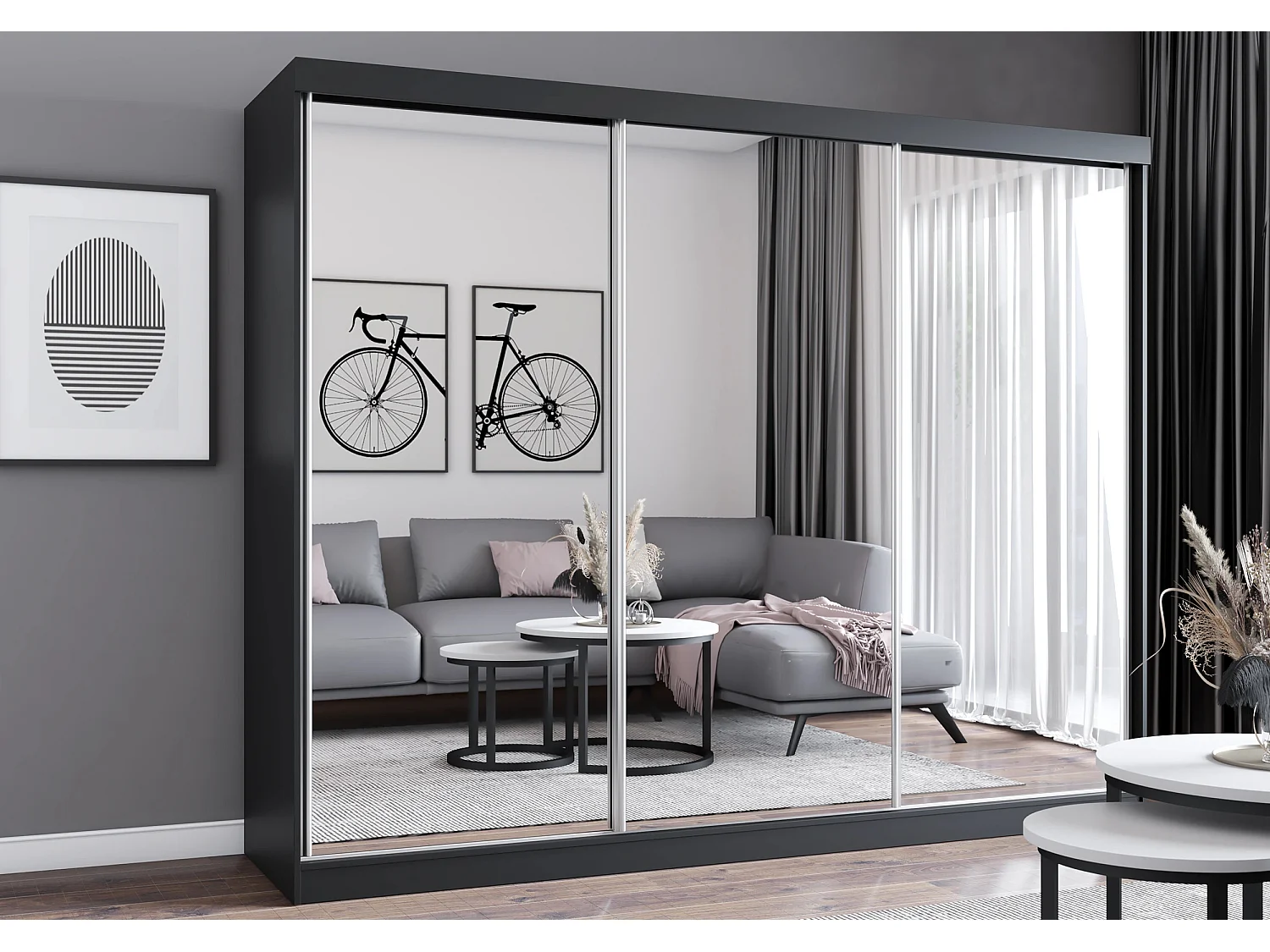 Armoire Milanor 250 cm avec miroir - Noir
