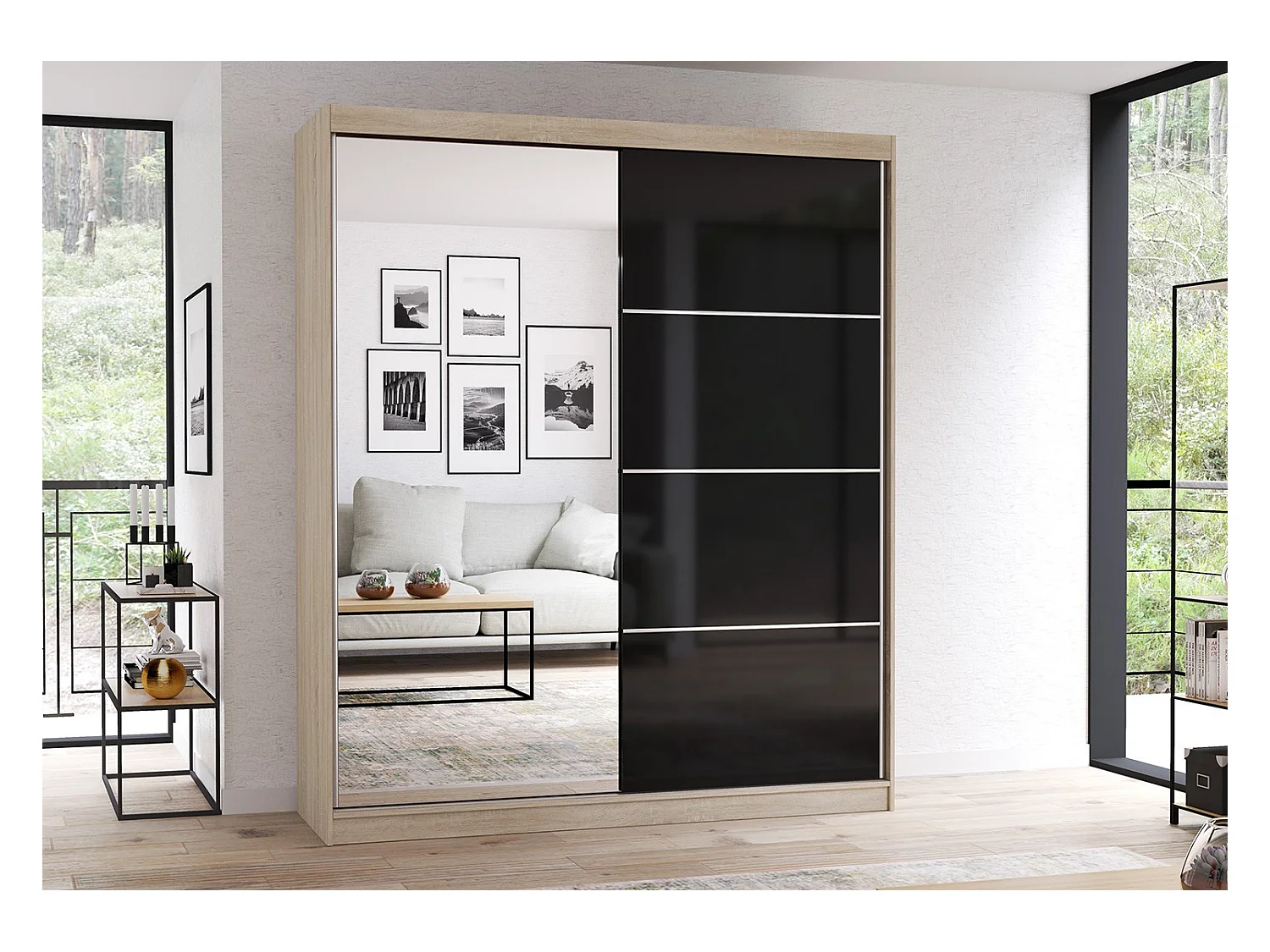 Armoire Calypso 183 cm avec miroir - Chêne - Noir