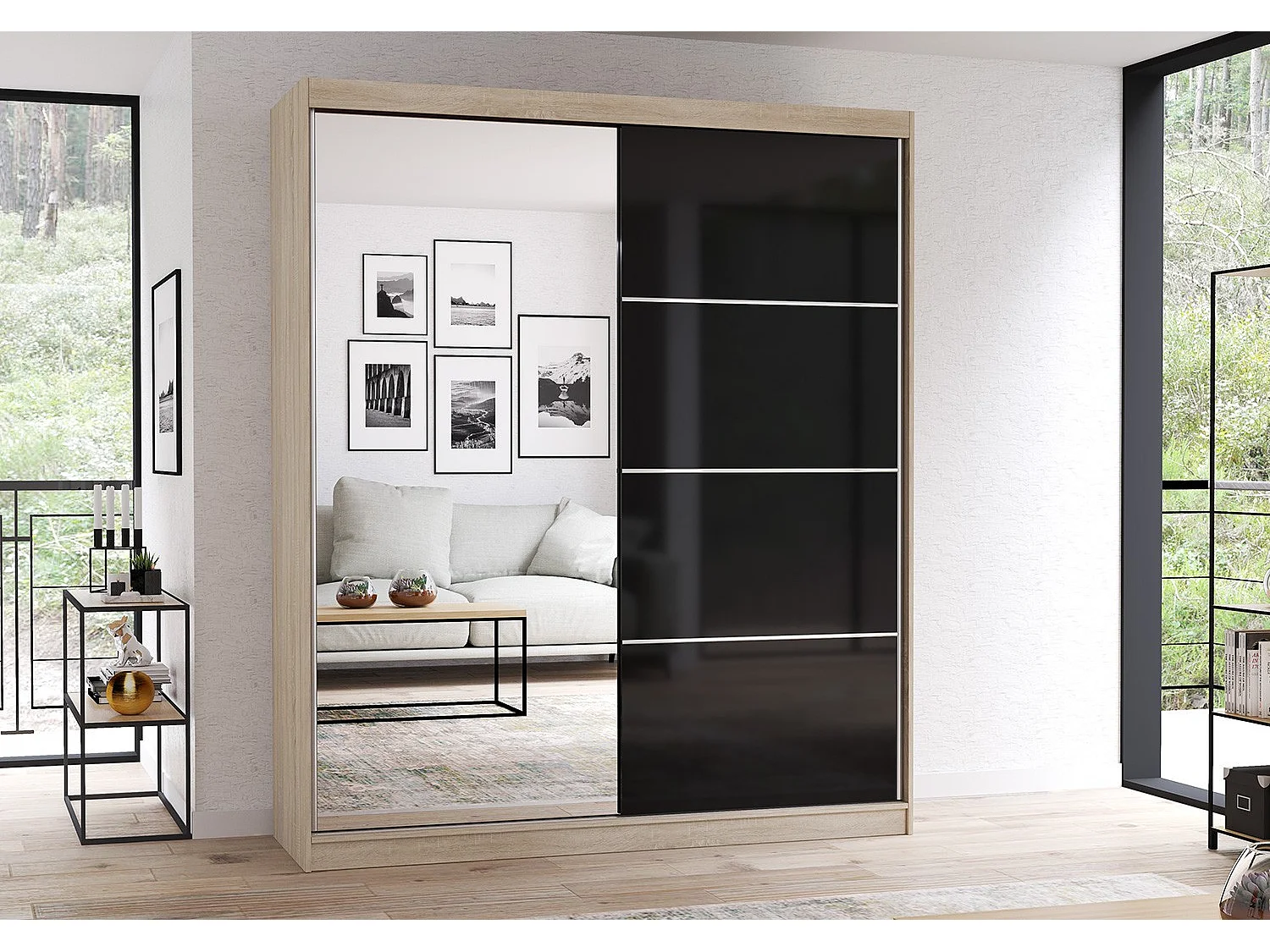 Armoire Calypso 183 cm avec miroir - Chêne - Noir