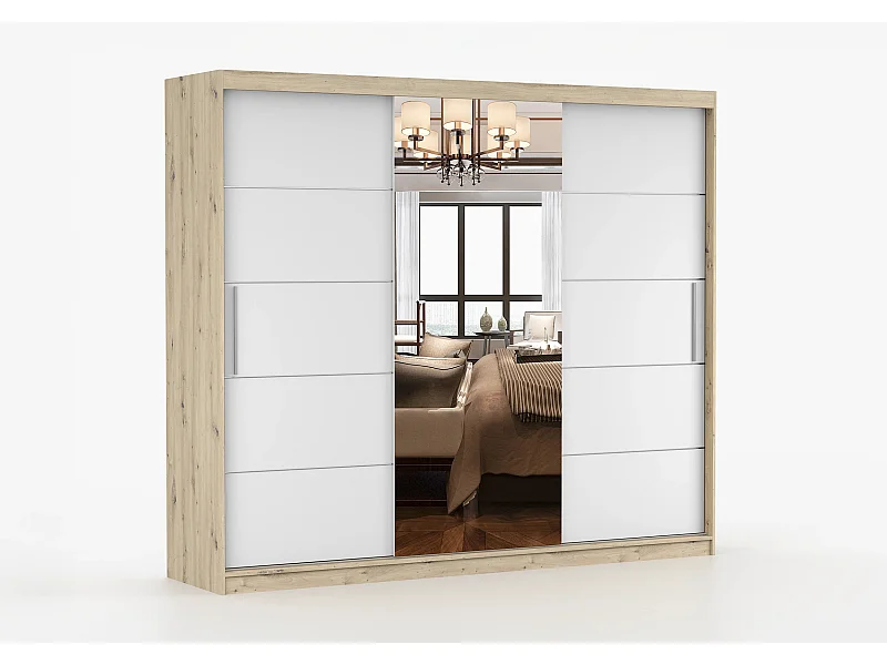 Armoire Elior 250 cm avec miroir - Effet bois - Blanc