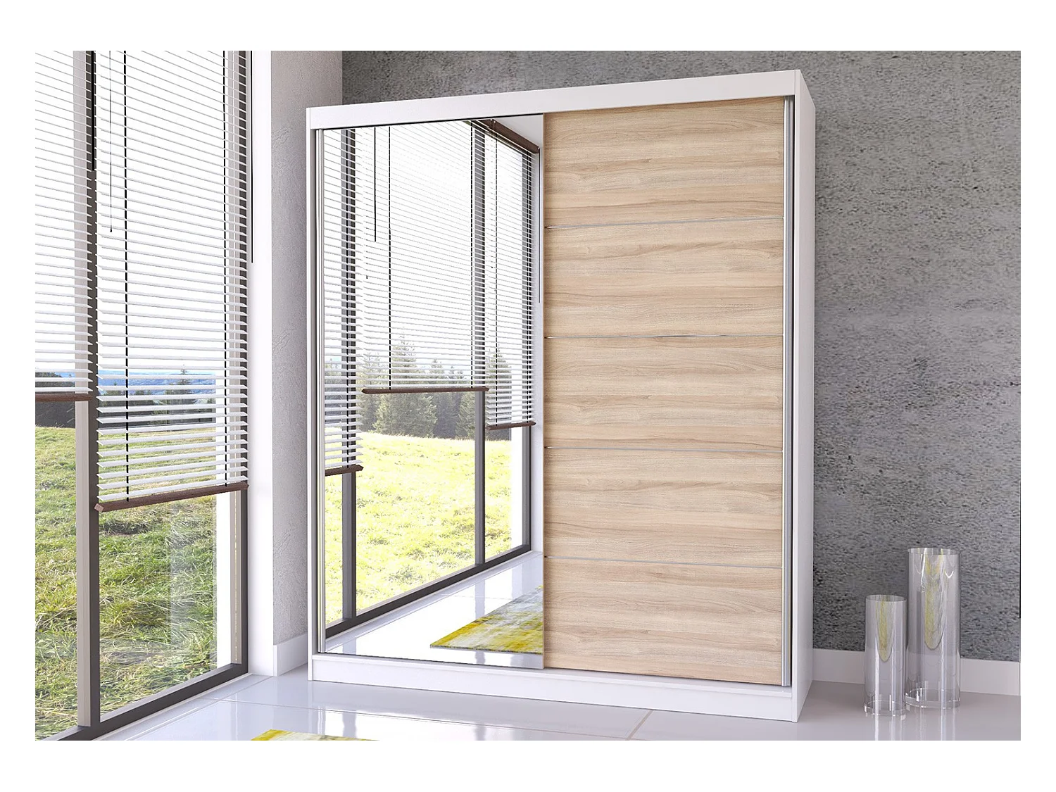 Armoire Ysalis 183 cm avec miroir - Blanc - Chêne