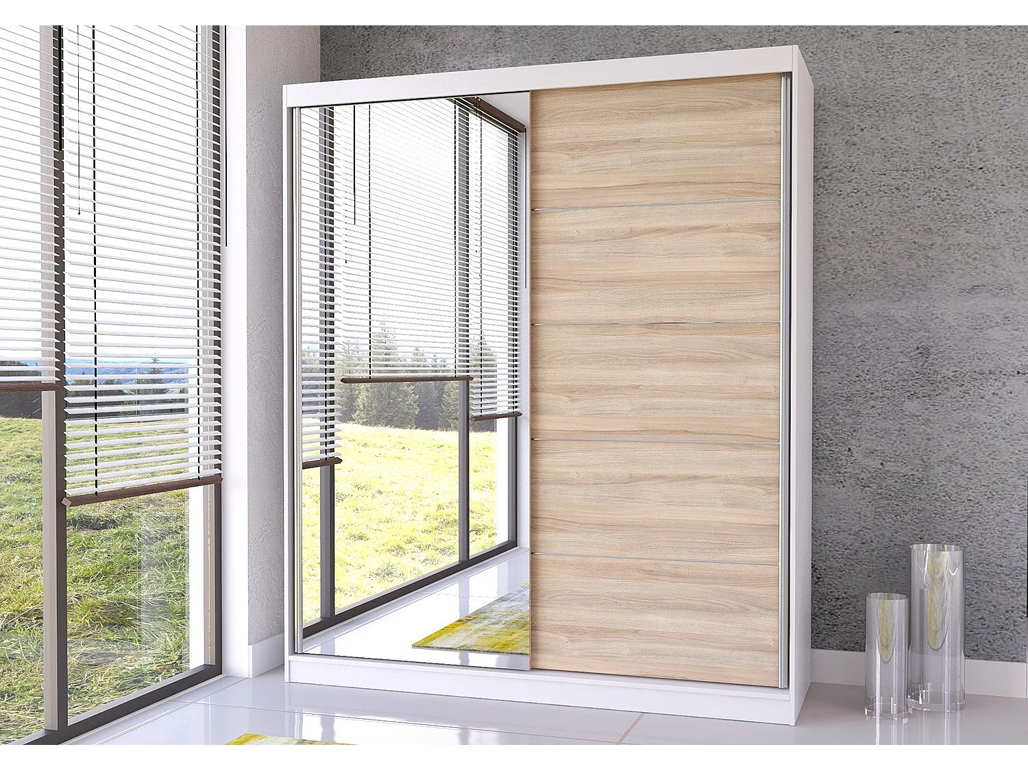 Armoire Ysalis 183 cm avec miroir - Blanc - Chêne