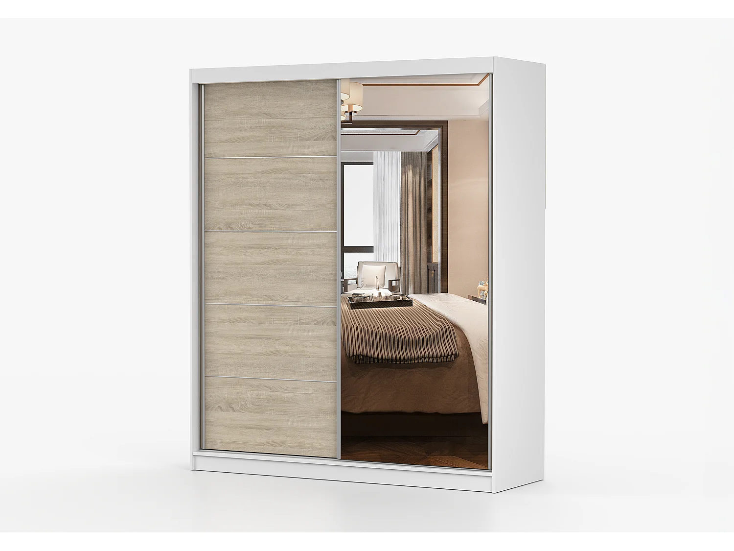 Armoire Ysalis 183 cm avec miroir - Blanc - Chêne