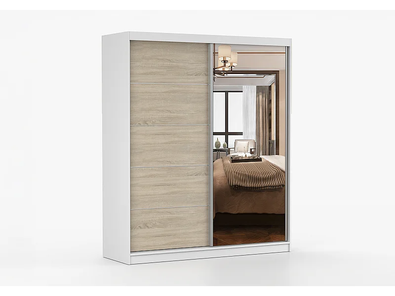 Armoire Ysalis 183 cm avec miroir - Blanc - Chêne