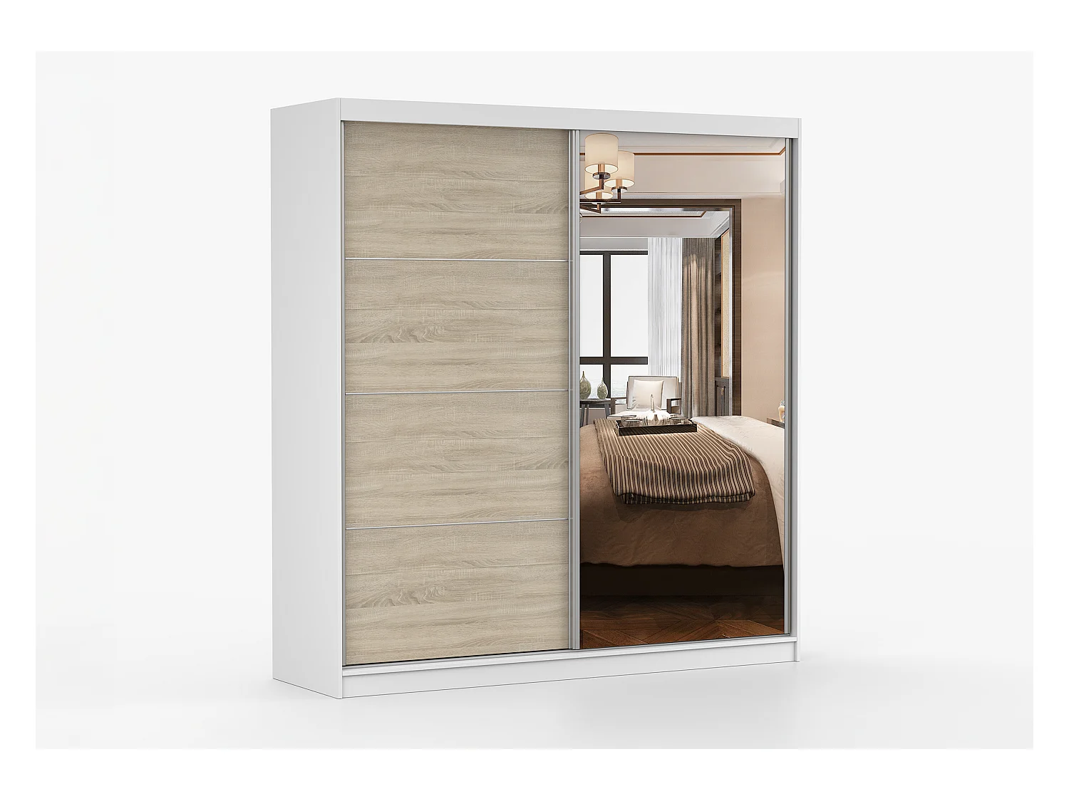 Armoire Helis 203 semi-brillant avec miroir - Blanc - Chêne