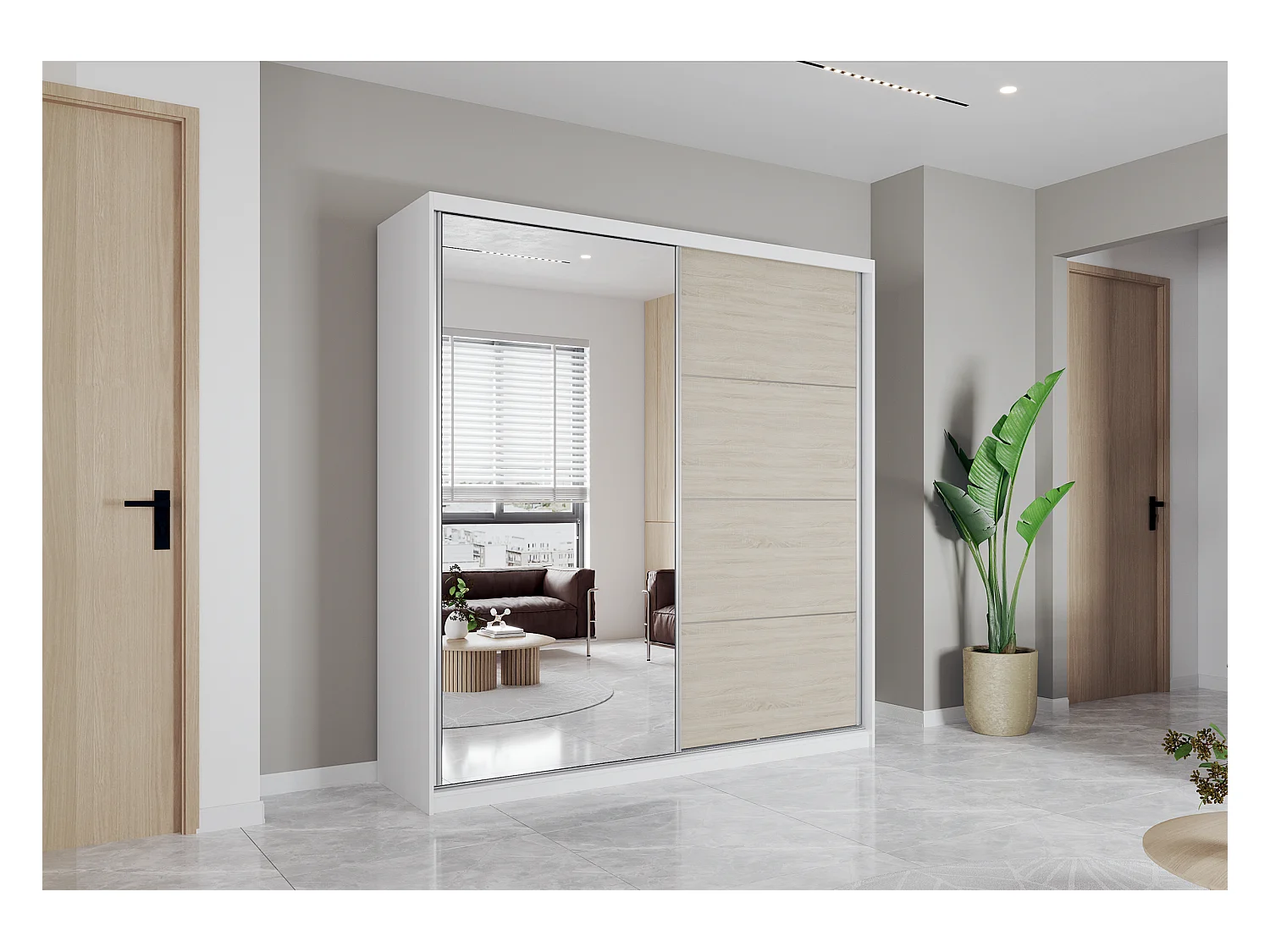 Armoire Helis 203 semi-brillant avec miroir - Blanc - Chêne