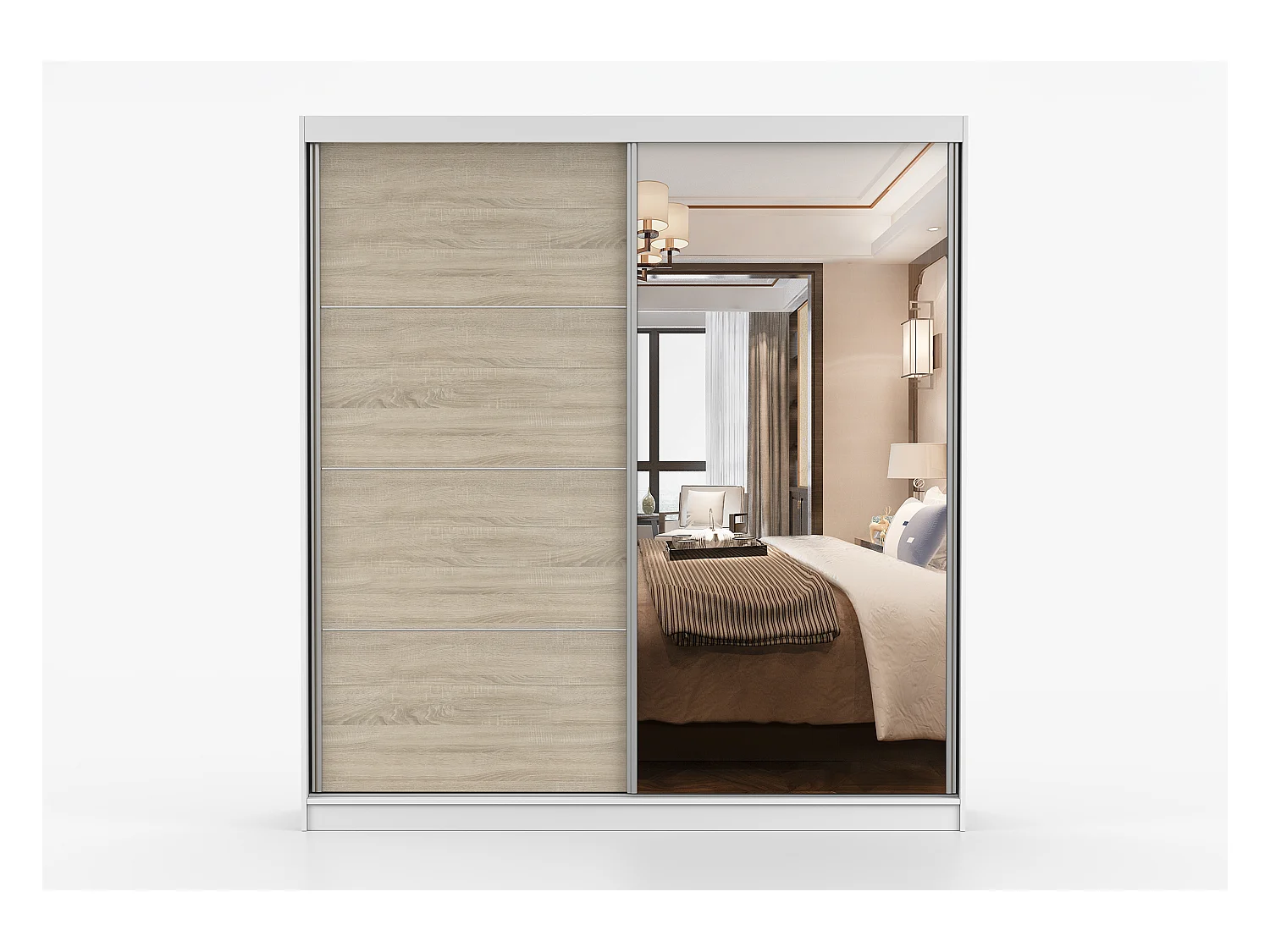 Armoire Helis 203 semi-brillant avec miroir - Blanc - Chêne