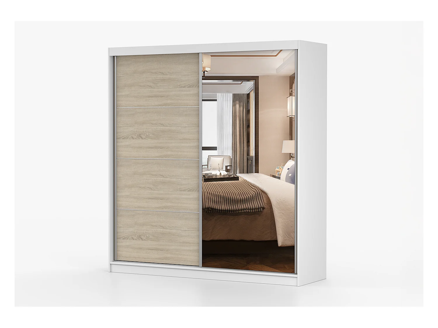 Armoire Helis 203 semi-brillant avec miroir - Blanc - Chêne