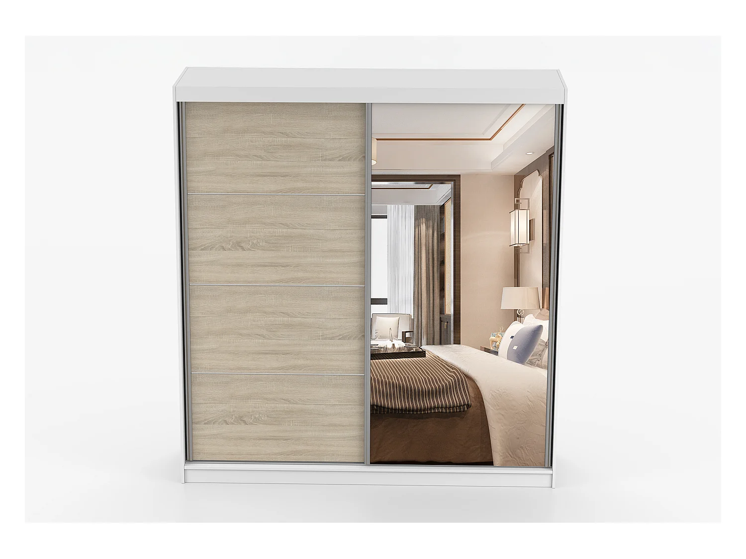 Armoire Helis 203 semi-brillant avec miroir - Blanc - Chêne