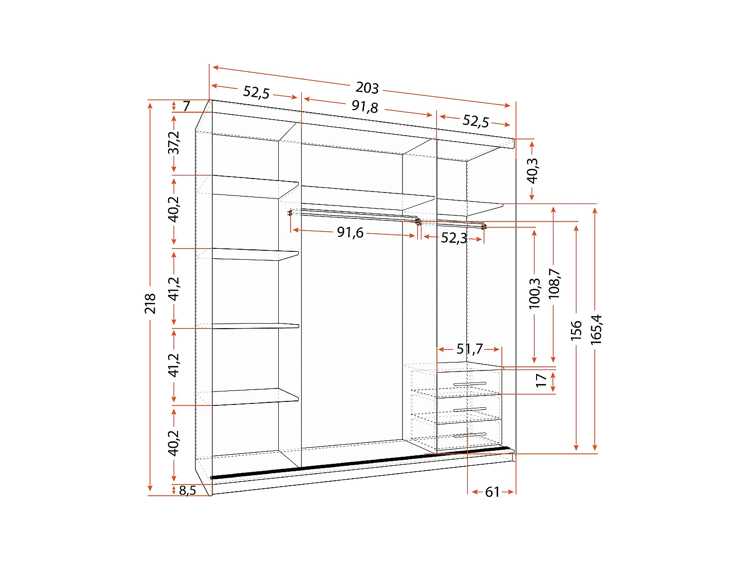 Armoire Helis 203 semi-brillant avec miroir - Blanc - Chêne