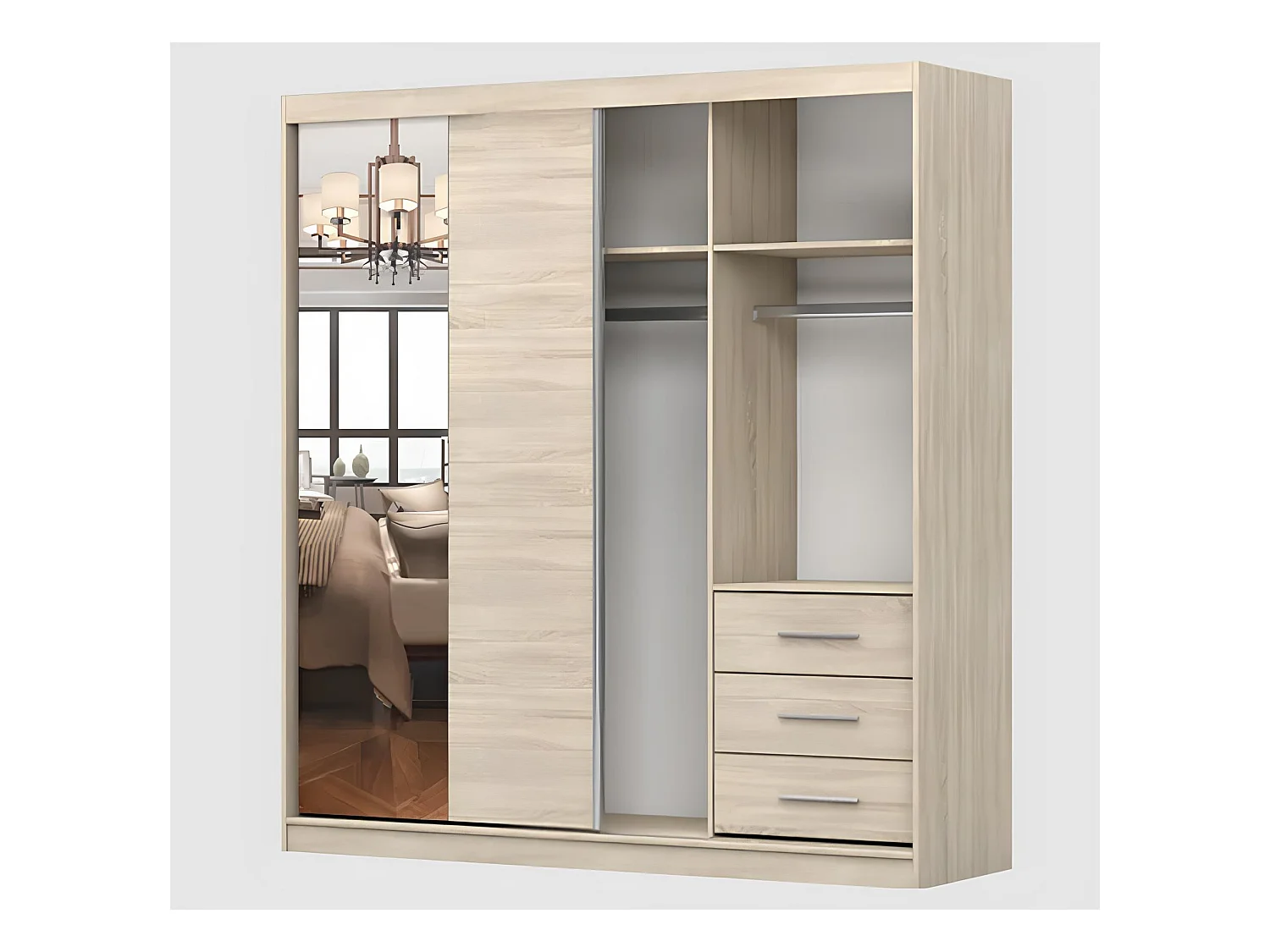 Armoire Helis 203 semi-brillant avec miroir - Blanc - Chêne
