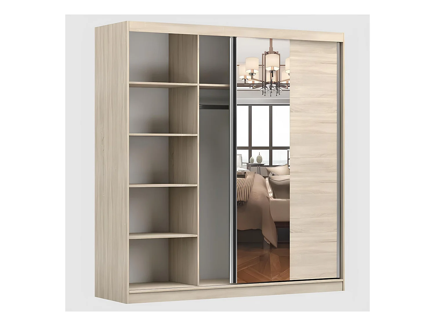 Armoire Helis 203 semi-brillant avec miroir - Blanc - Chêne