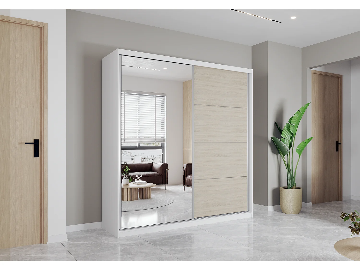 Armoire Helis 203 semi-brillant avec miroir - Blanc - Chêne