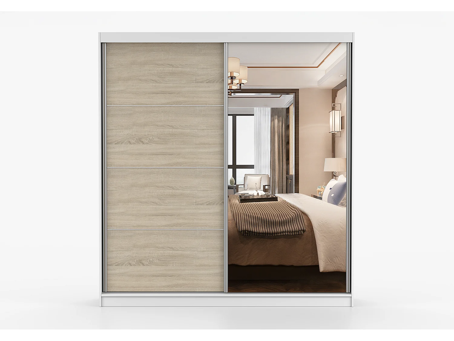 Armoire Helis 203 semi-brillant avec miroir - Blanc - Chêne